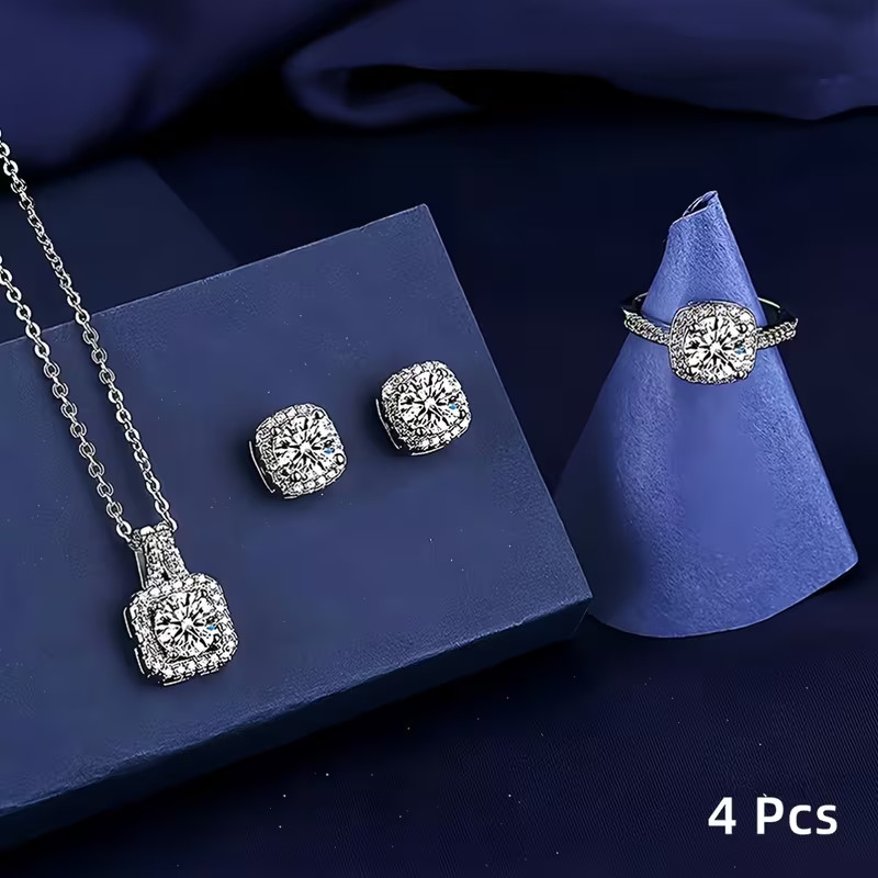 4PCS Cubic Zirconia Jewellery Set Necklace Earrings Ring Daily wear Wedding Gift