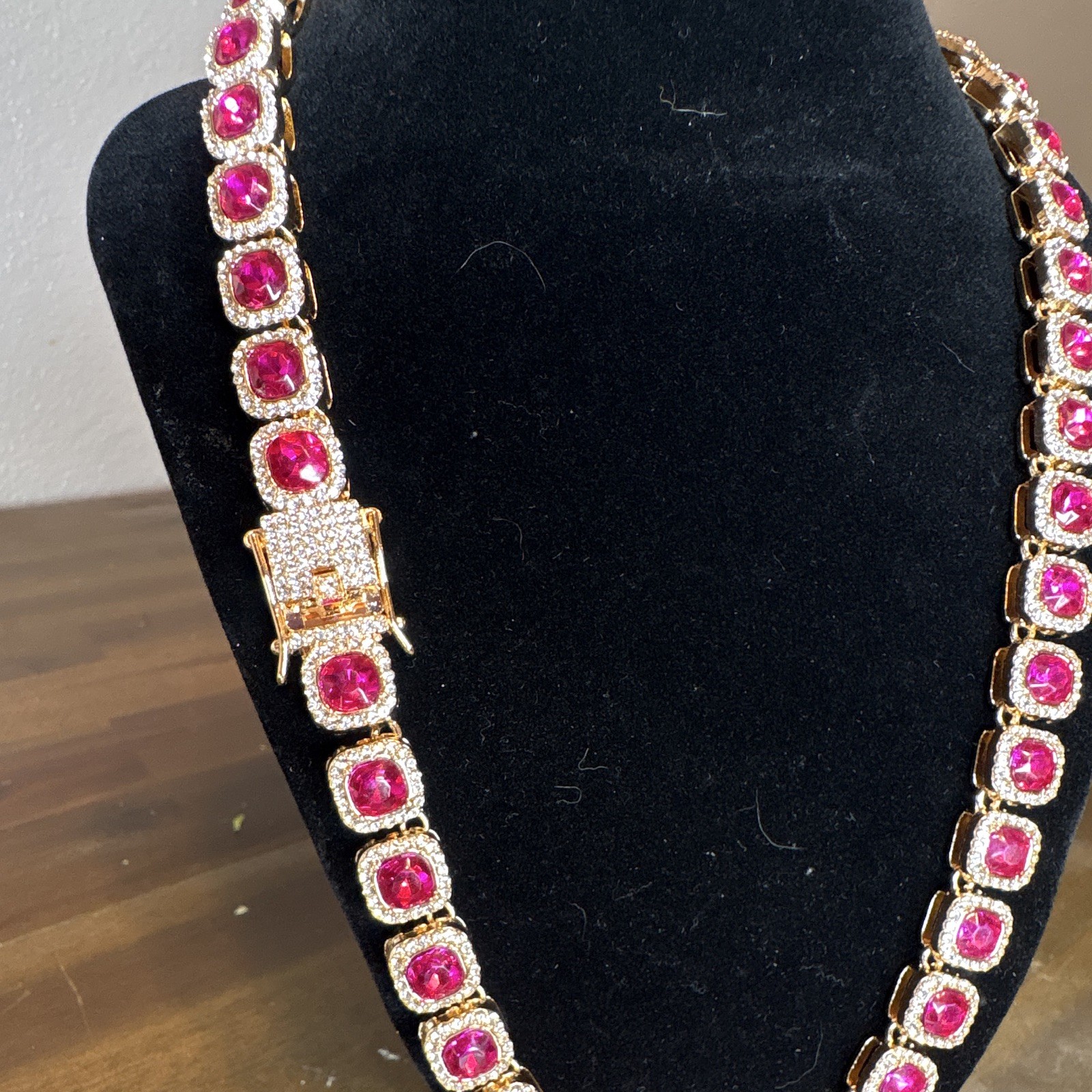 Gold Tone Pink Cushion Stone & Clear Accent Link Statement Necklace Adjustable
