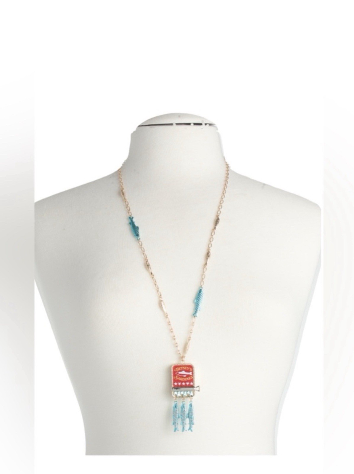 BETSEY JOHNSON SARDINES CAN CHARM PENDANT NECKLACE GOLD RED BLUE CRYSTAL – NWT