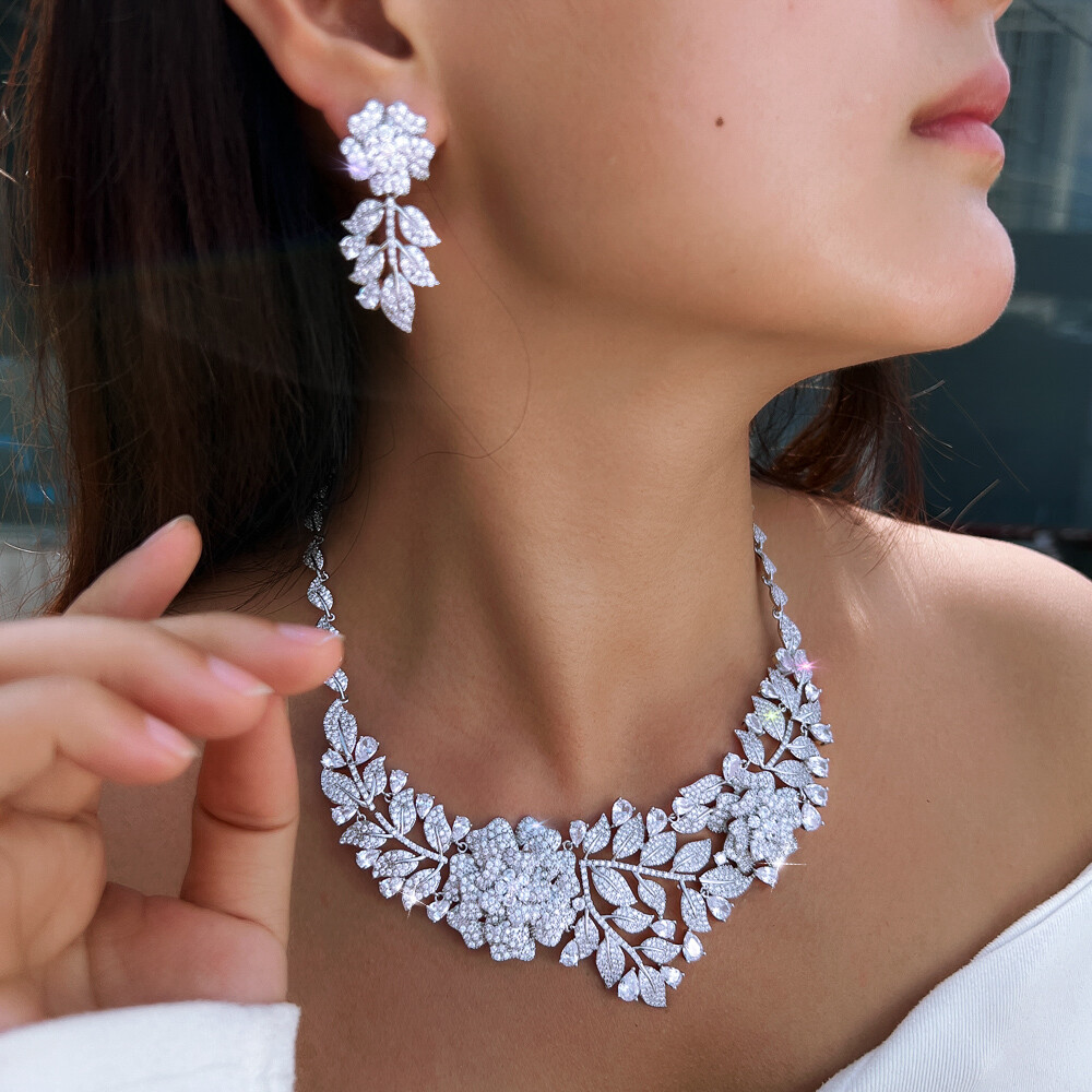 Silver Plated Wedding Brides Necklace Earrings Cubic Zirconia Flower Jewelry Set