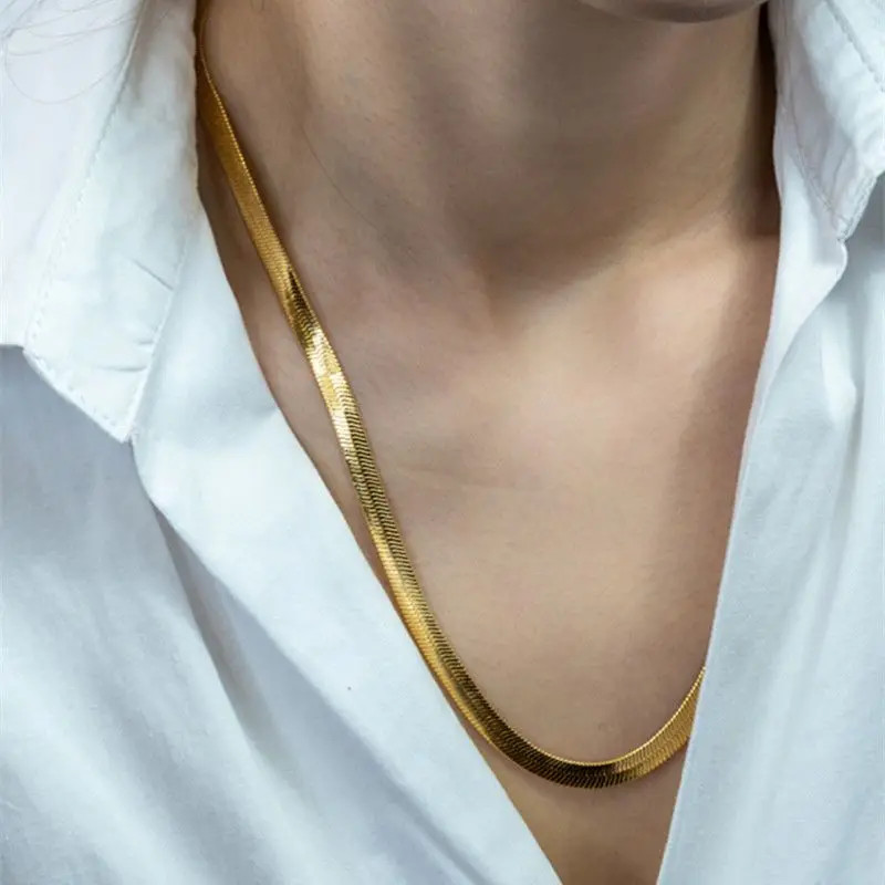 Silver color Gold Plated 4MM Flat chain Necklace for Women Luxury Fine