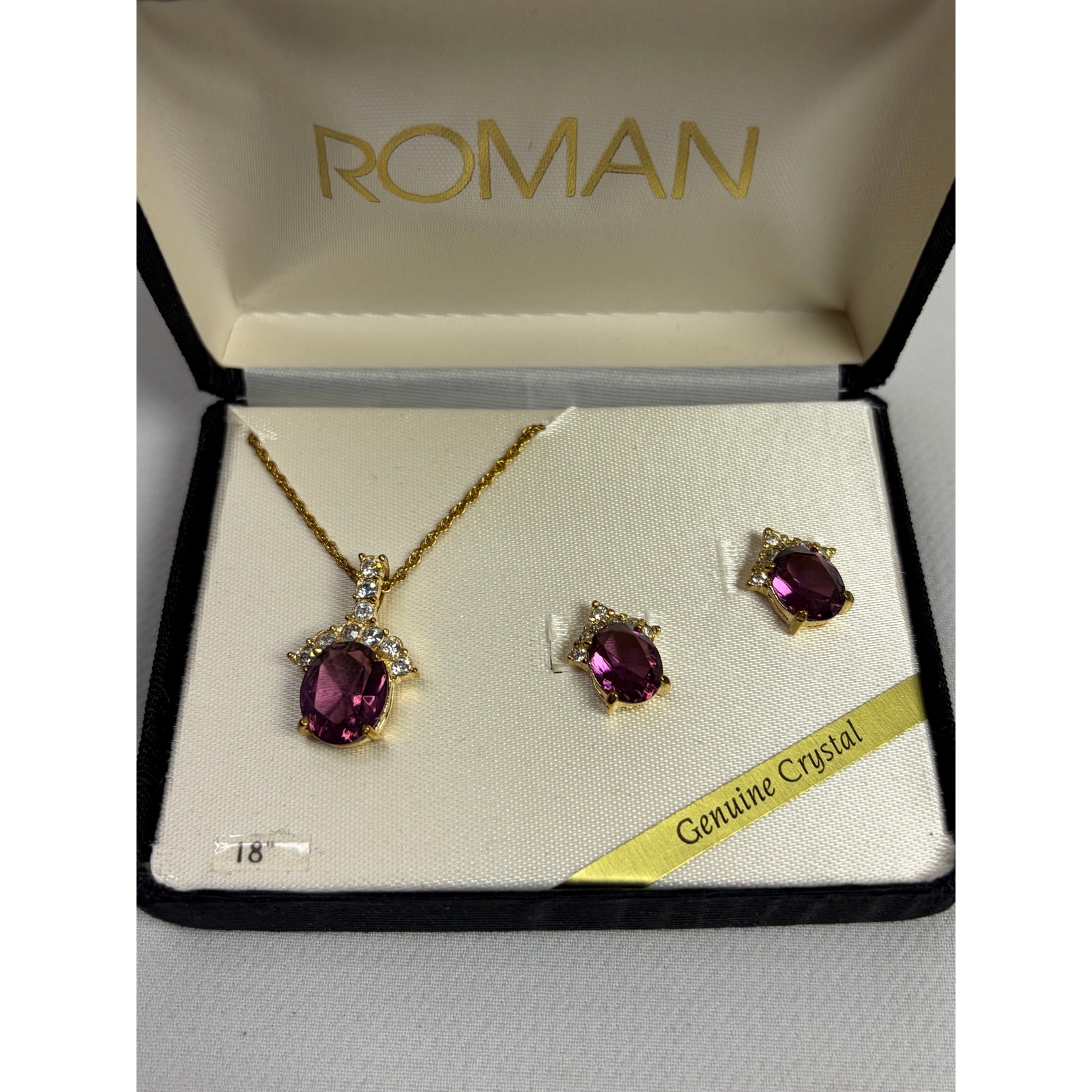 Roman Vintage NOS Gold Tone Necklace and 2 Pairs of Earrings Purple Crystal