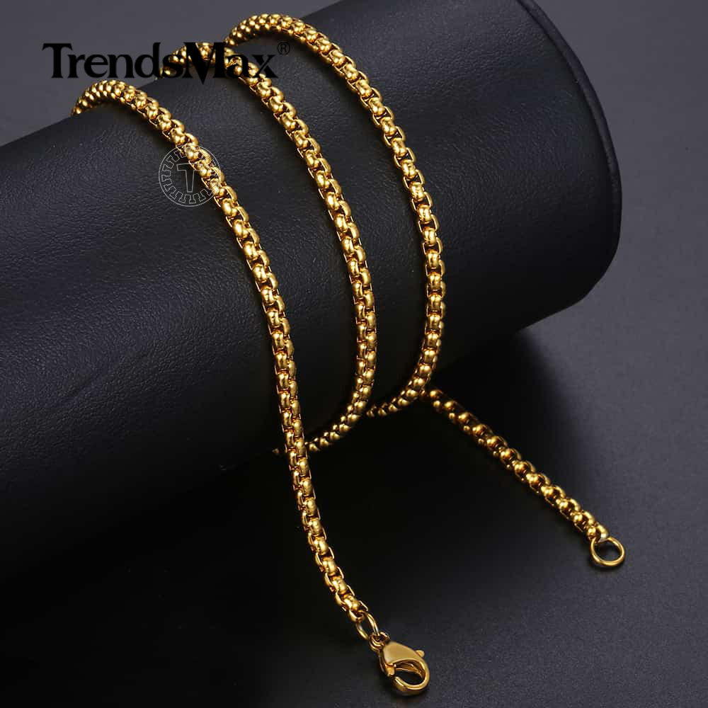 3MM 18Inch 14K Gold Plated Stainless Steel Round Box Link Chain Necklace Choker