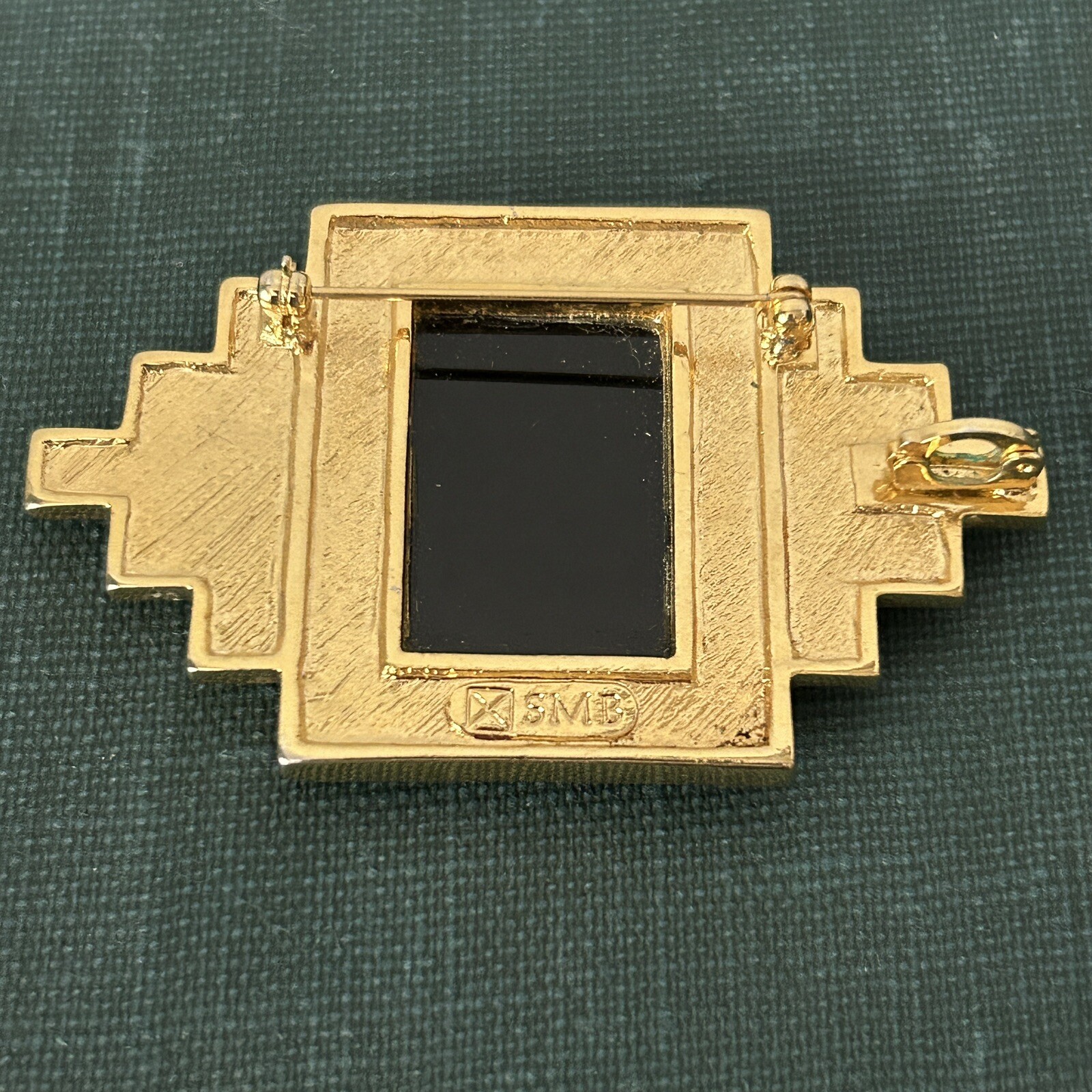 VTG 1980’s SMB Sandra Miller Burrows Brooch & Slide Pendant Gold Tone Blk Glass