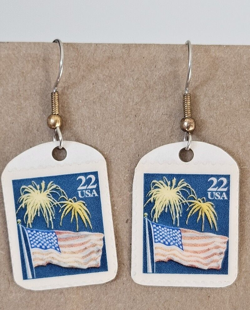 U.S. Flag Earrings Stainelss Wire Handmade Postage Stamp 22 cent lightweight USA