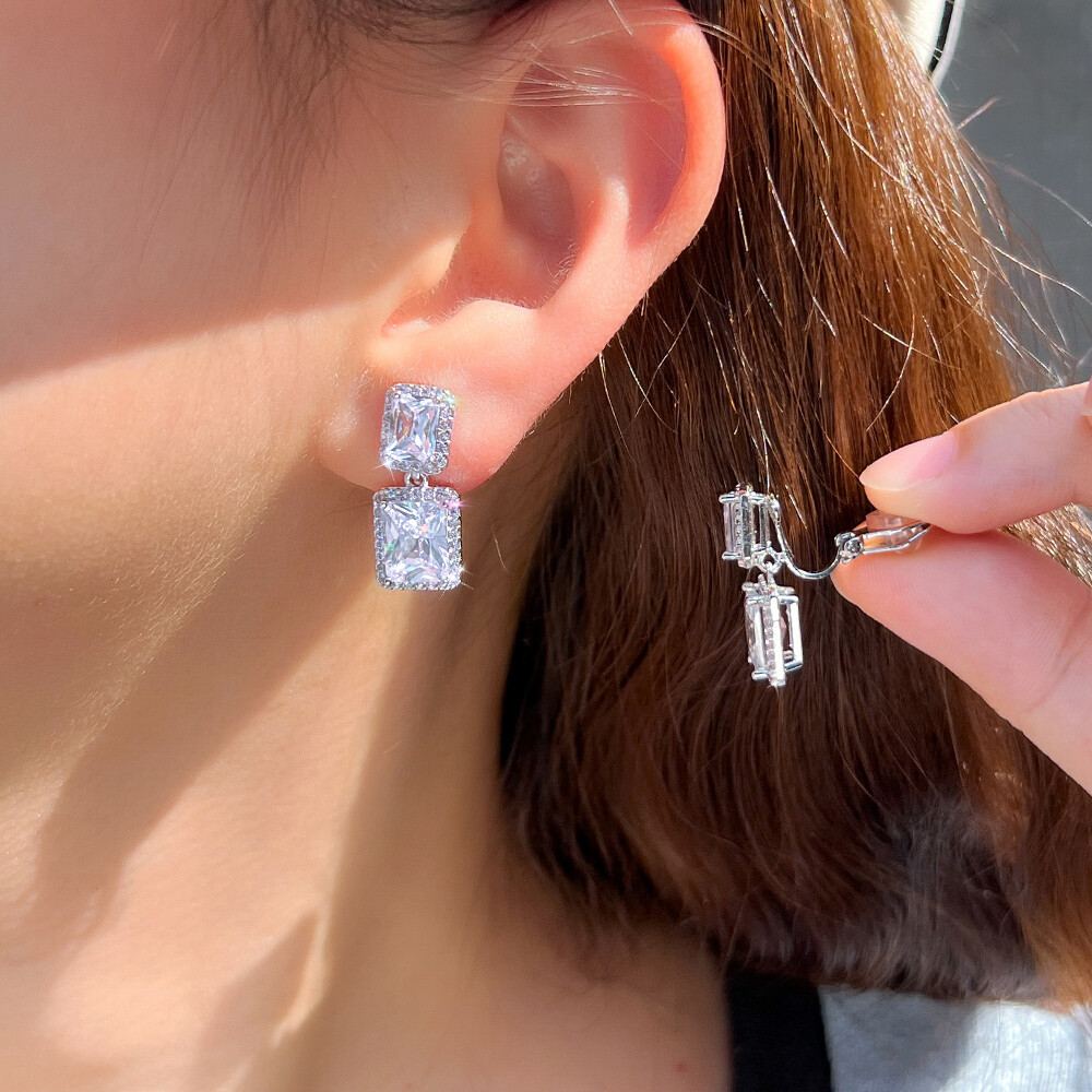 Dazzling Baguette Zircon Crystal Clip On Non Pierced Drop Earrings Silver Plated