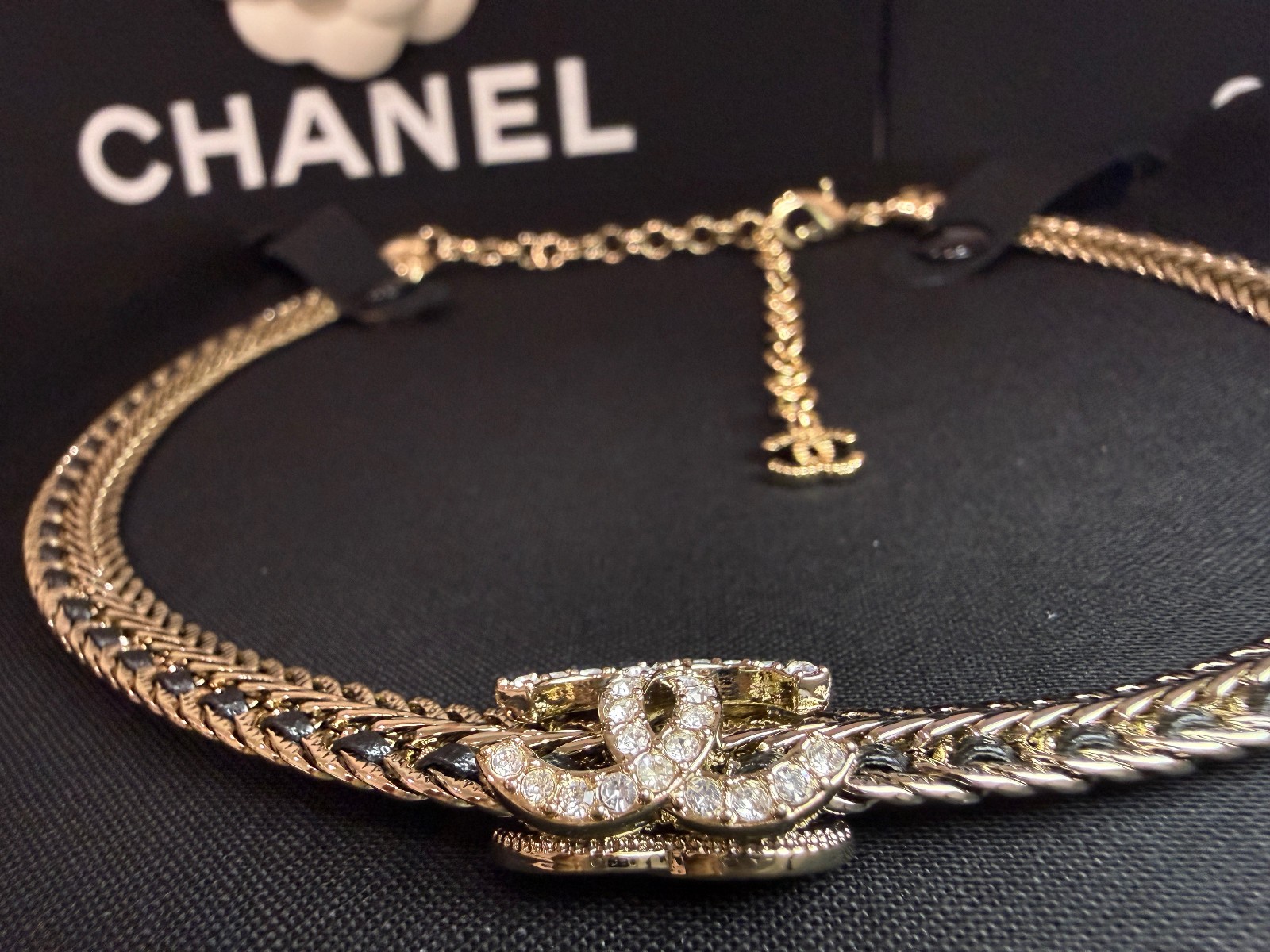 CHANEL Gold Black Leather Woven Chain Choker Necklace CC Logo BRAND NEW