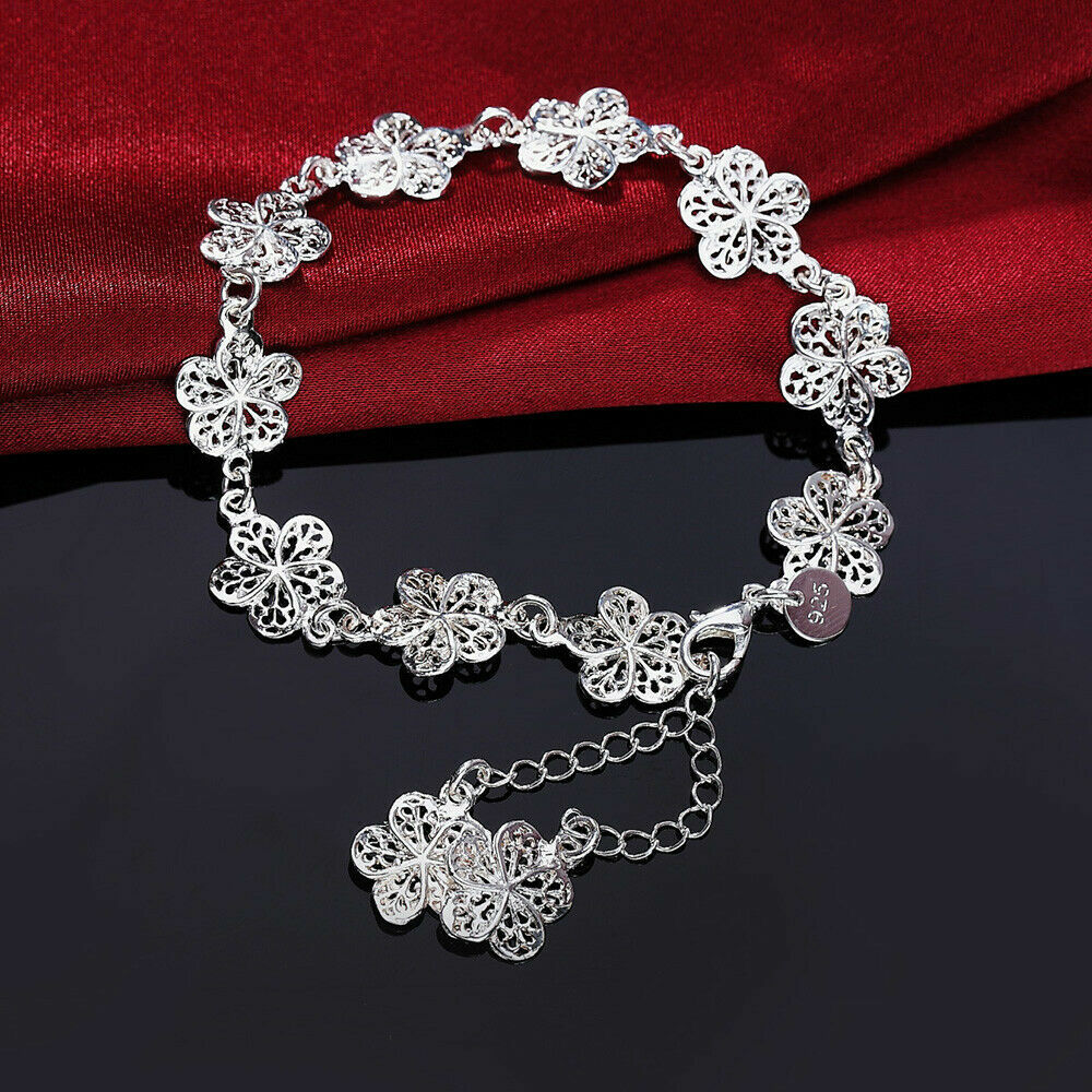 Elegant Unique 925 Sterling Silver New Women Fashion Flower Style 8.5″ Bracelet