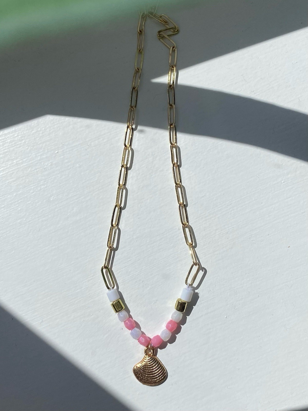 Gold Plated Handmade Shell Necklace Pink and White Beads