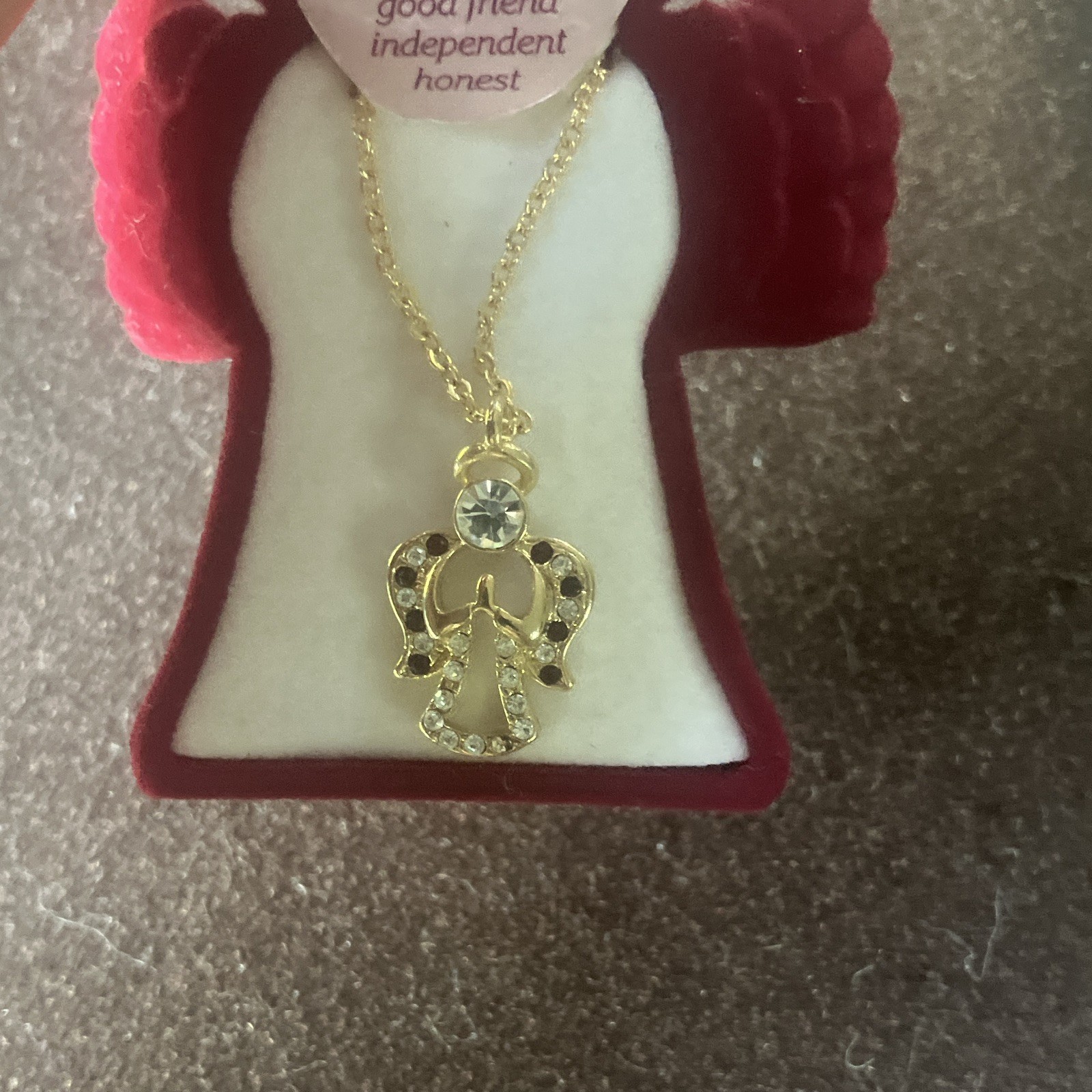 Gold Tone Pavé Angel Charm Pendant Necklace Clear Crystal Garnet Red Cable