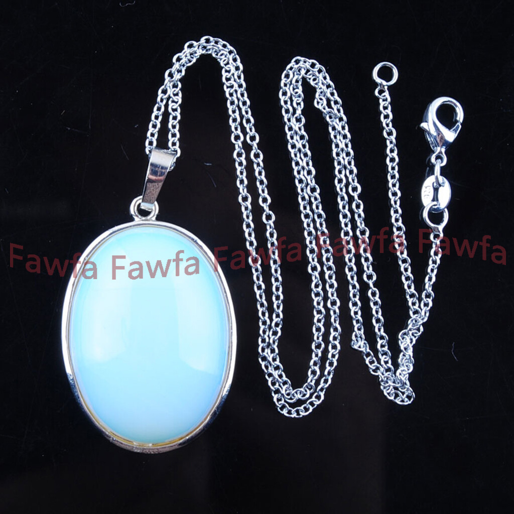 Natural White Opal Oval Gems Pendant Jewelry Necklace 925 Silver Plated Chain