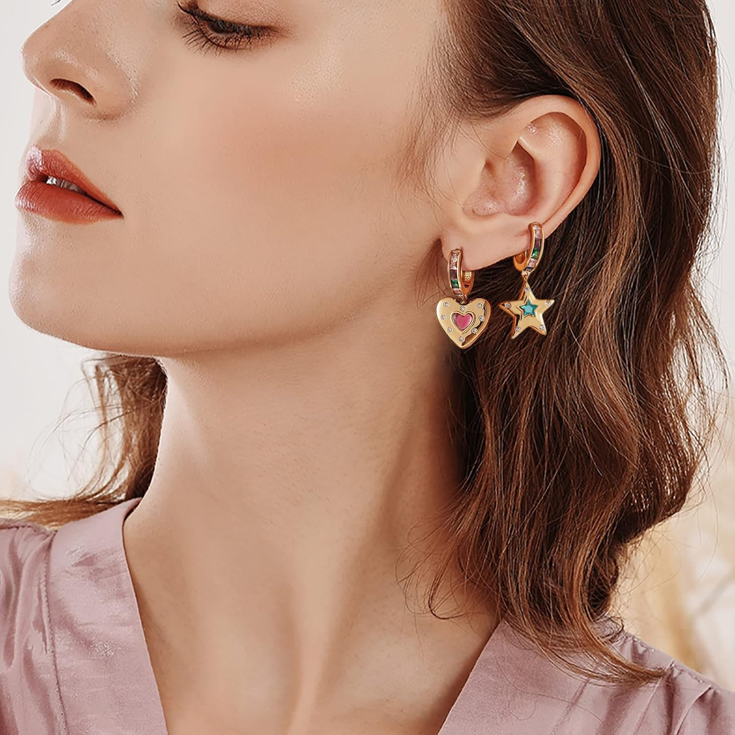 Dangle Hoop Earring for Women 18K Gold Plated Personalized Heart Star Charms Zir