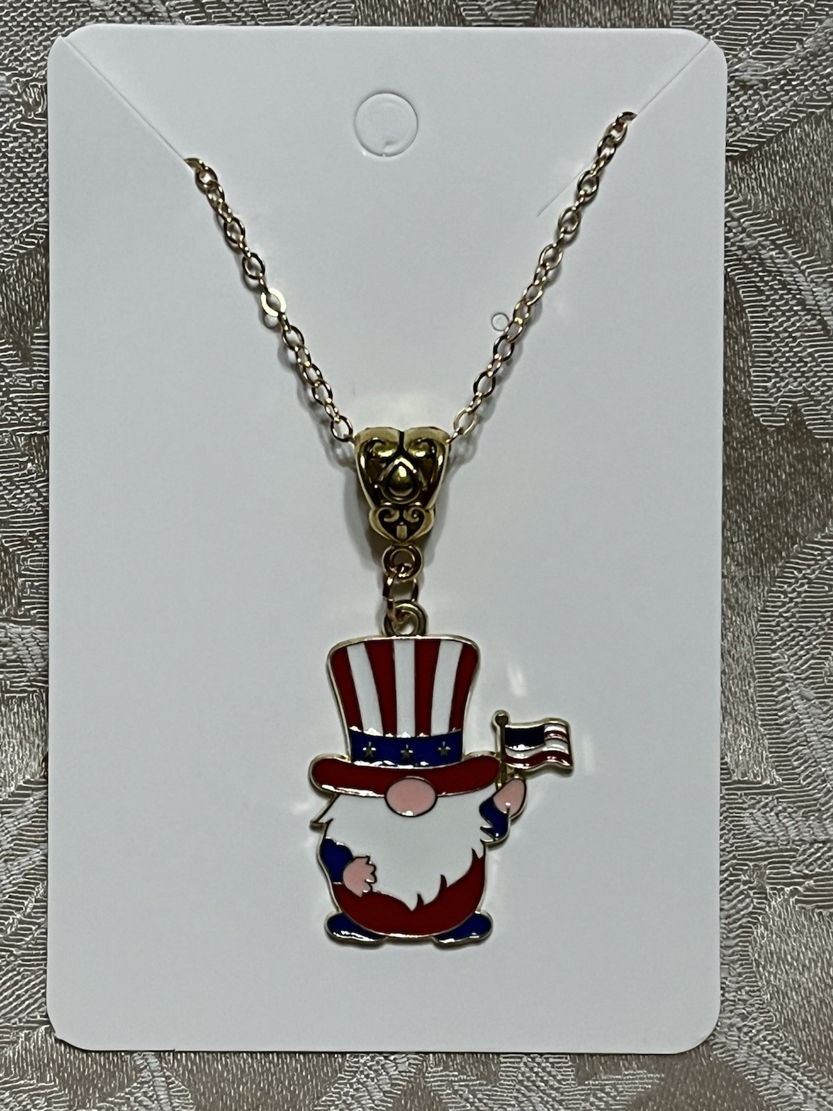 America Patriot 4th Of July Gnome Enamel Gold Boho Trendy Adorable Necklace 18”