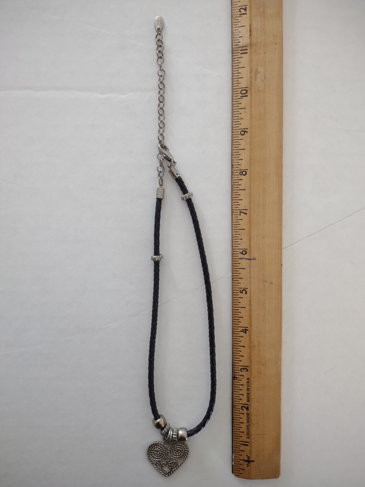 Vintage Silvertone Heart Pendant Choker Necklace Black Braided Leather Cord