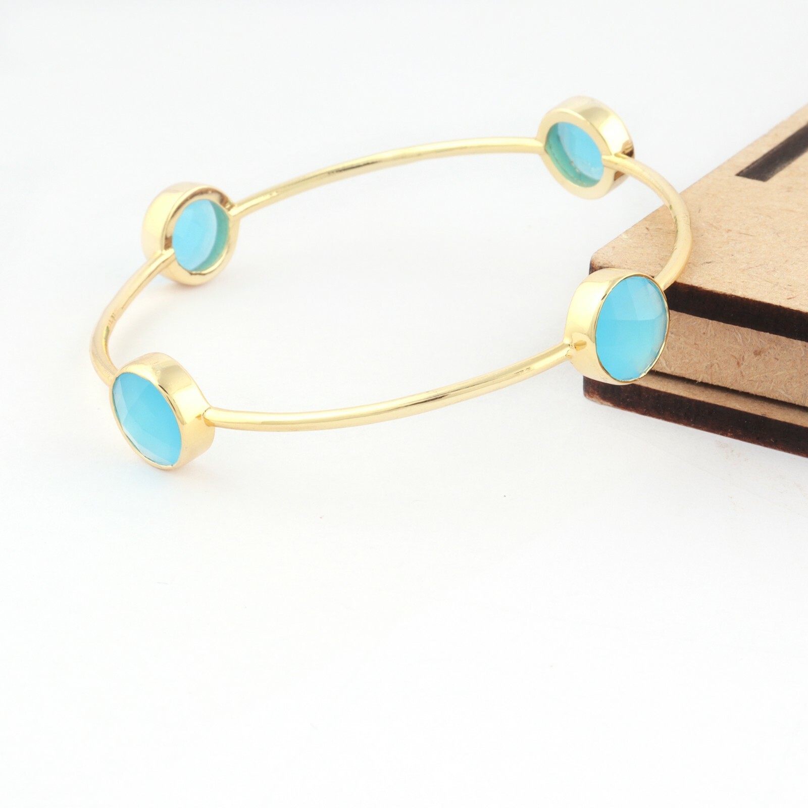 Good Quality Multi Color Chalcedony Yellow Gold Plated Sizable Bangle Bracelets