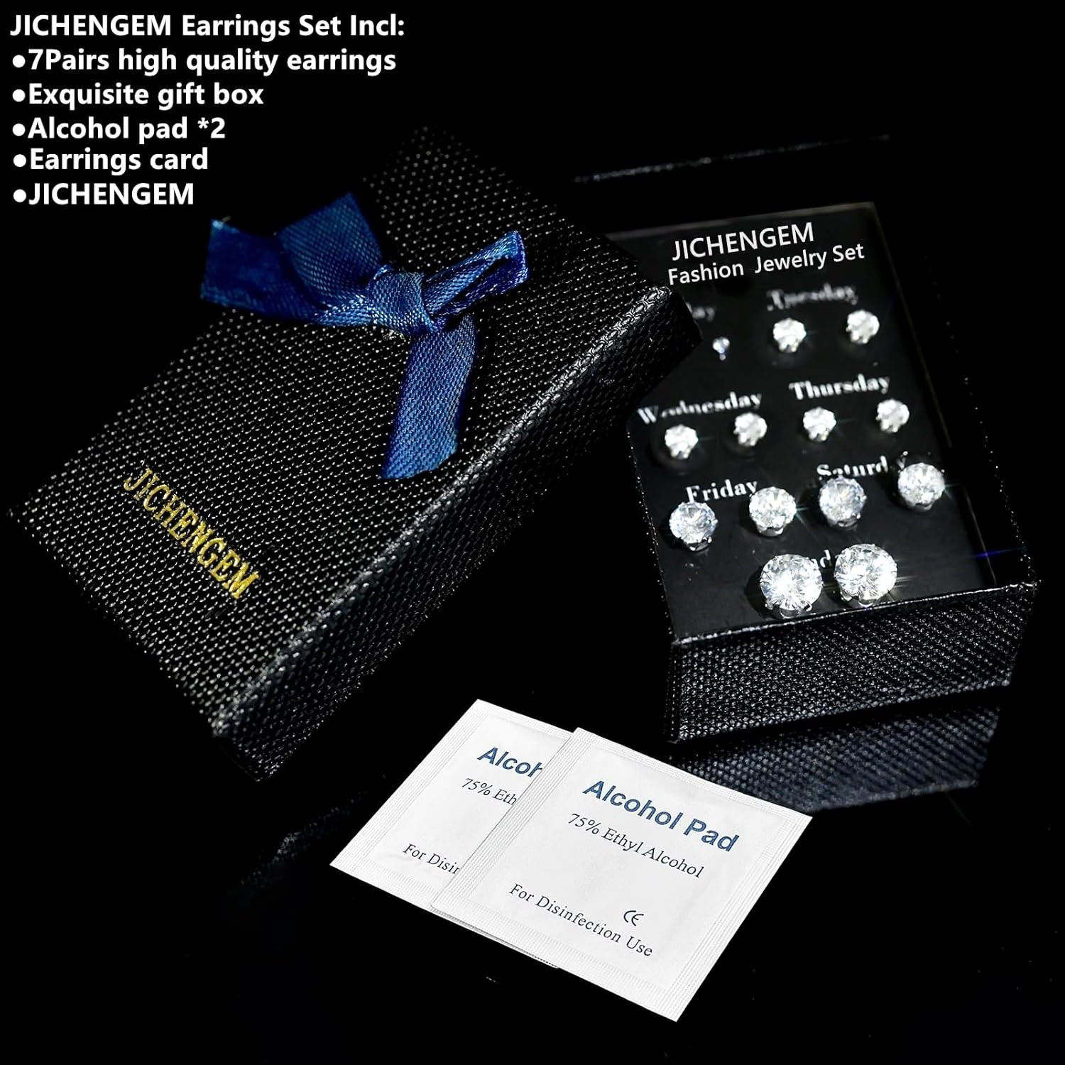 Silver Gold Black Stud Earrings Set 7Pairs Hypoallergenic Cubic Zirconia Titaniu