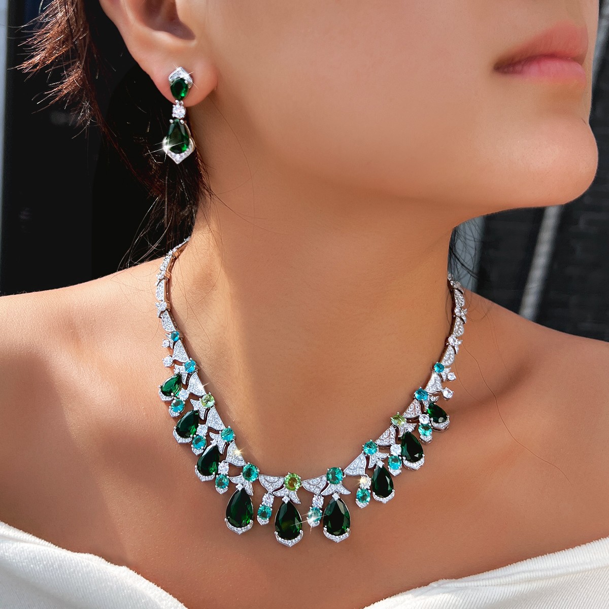 Green Teardrop Fringe Necklace Earrings Silver Plated Wedding Zircon Jewelry Set