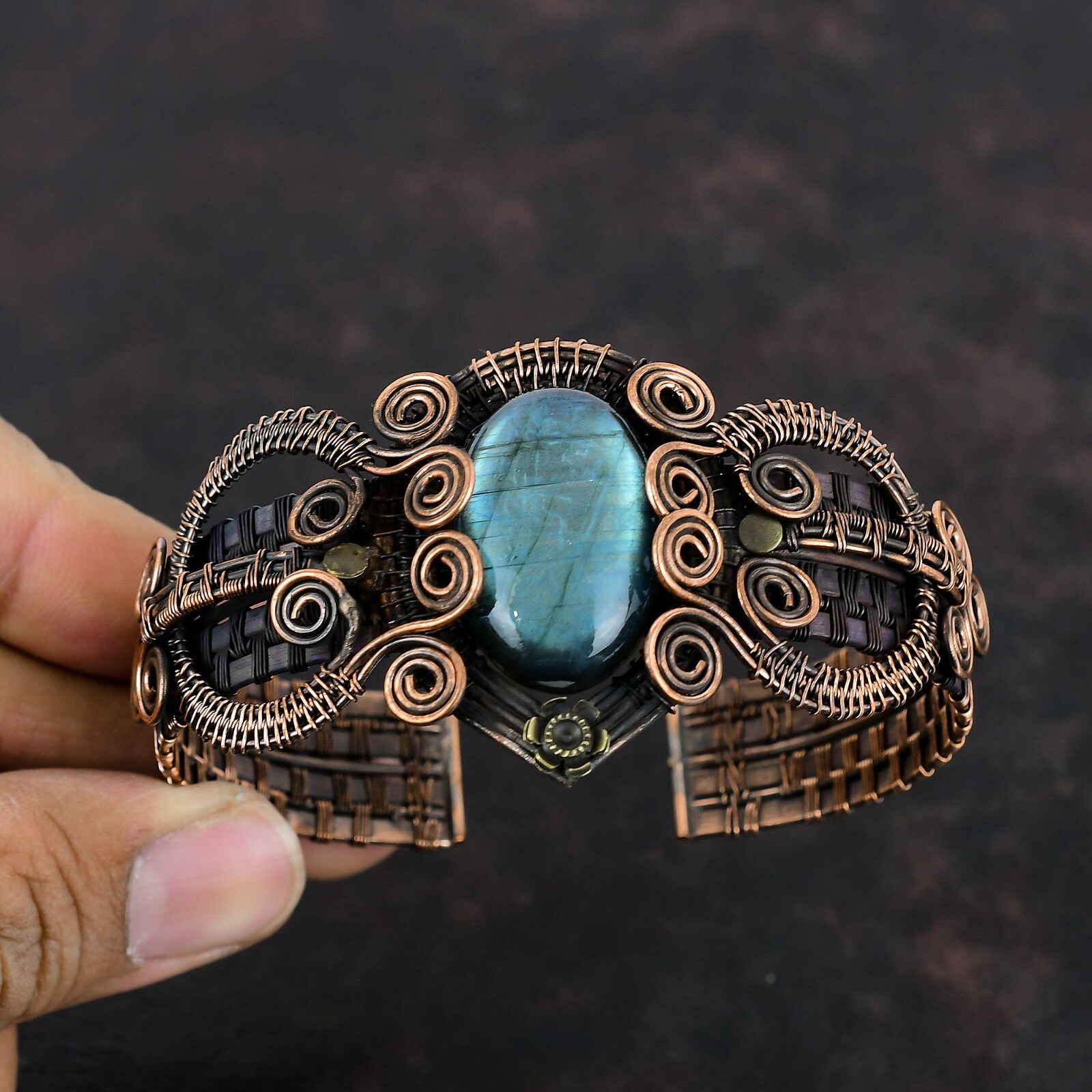 Labradorite Jewelry Copper Gift For Friend Wire Wrapped Adjustable Bangle