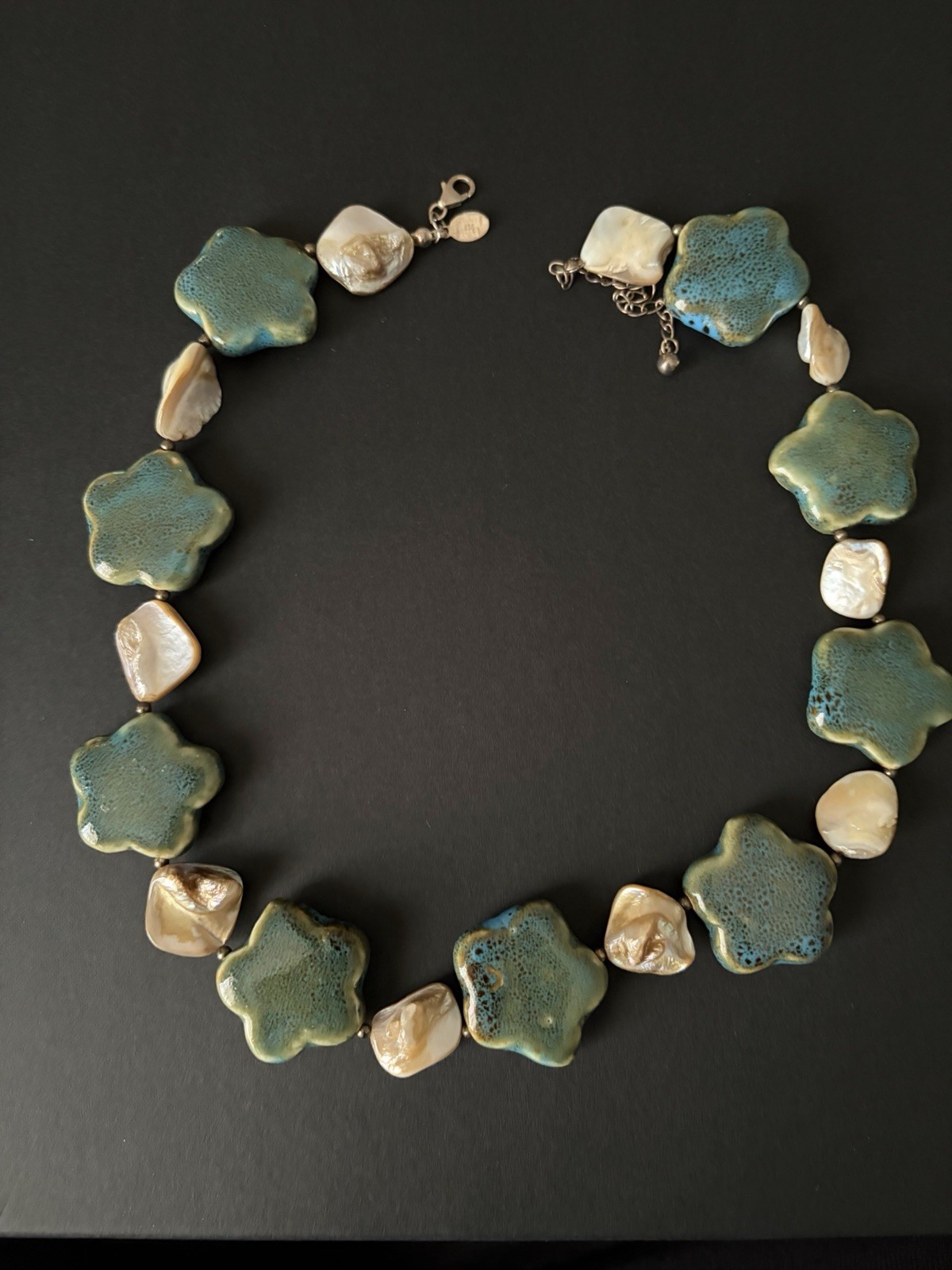Vintage Donna Dressler Signed 23.5″ Teal Star Necklace – Mother of Pearl 925