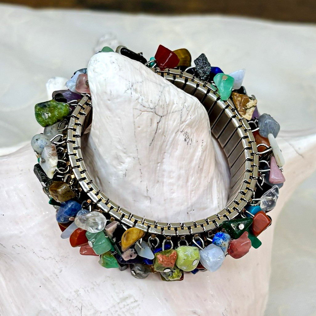 Handmade Multi Gemstone Stainless Steel Watchband Stretch Cluster Bracelet 126pc