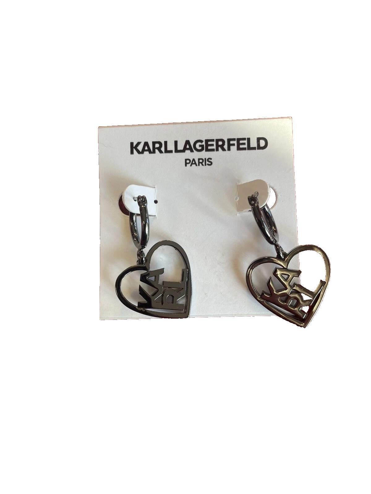 KARL LAGERFELD PARIS SILVER TONE HEART LOGO DROP EARRINGS