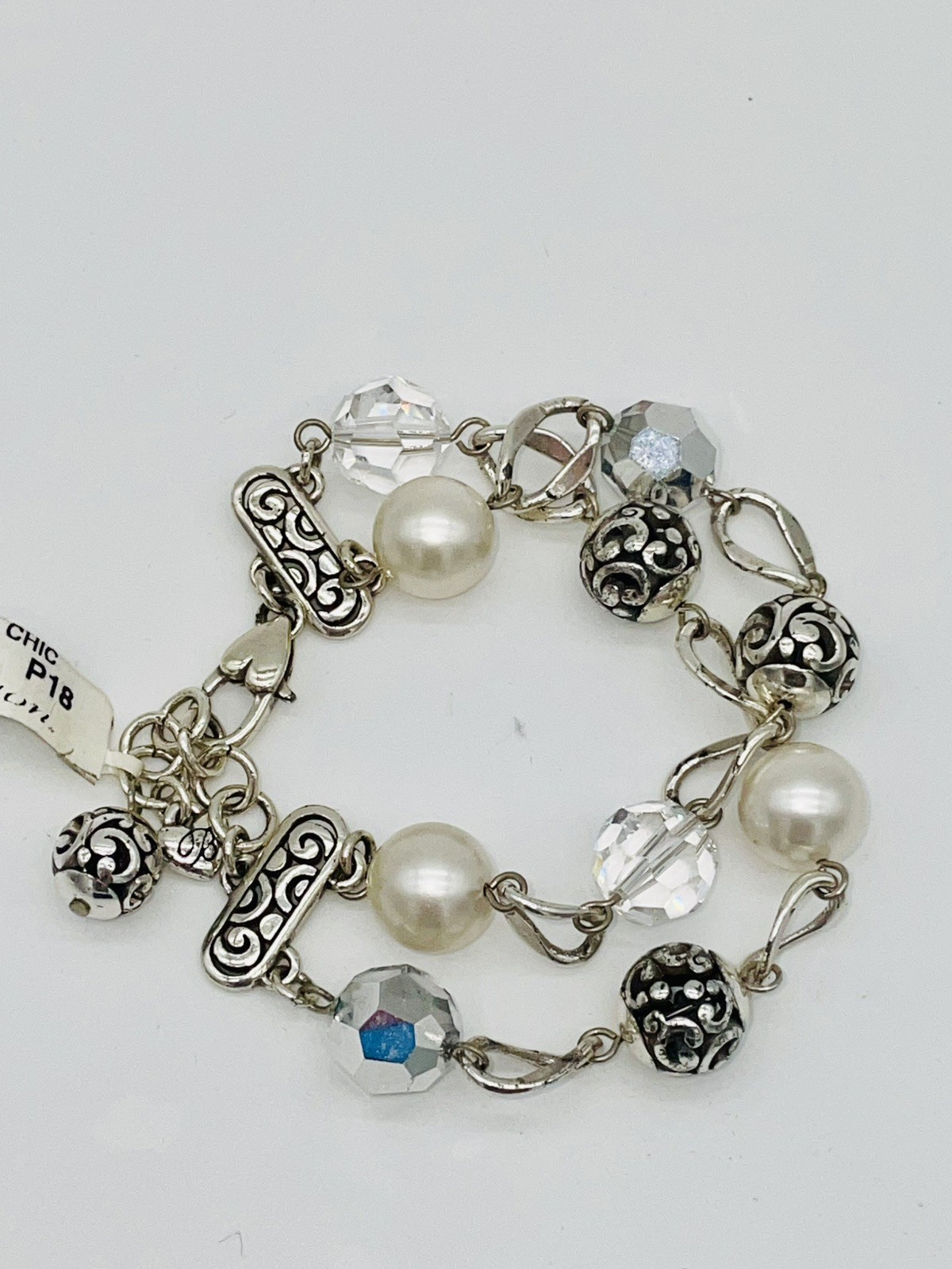 BRIGHTON CONTEMPO CHIC CRYSTAL+PEARL+METALLIC BEAD SLVR 2STRAND BRACELET NWT✨$74