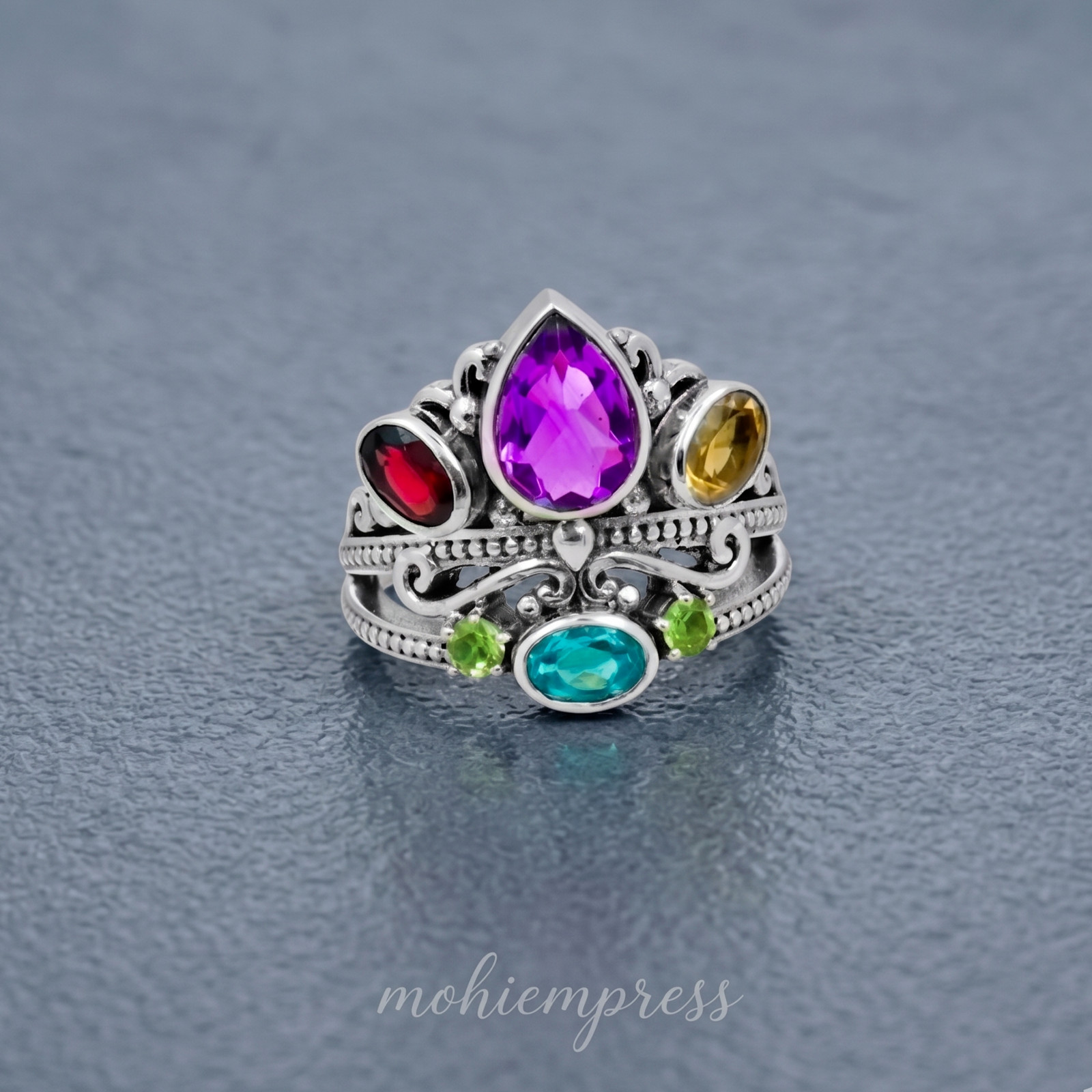 Multi Gemstone Statement Ring 925 Sterling Silver, Vintage Crown Ring