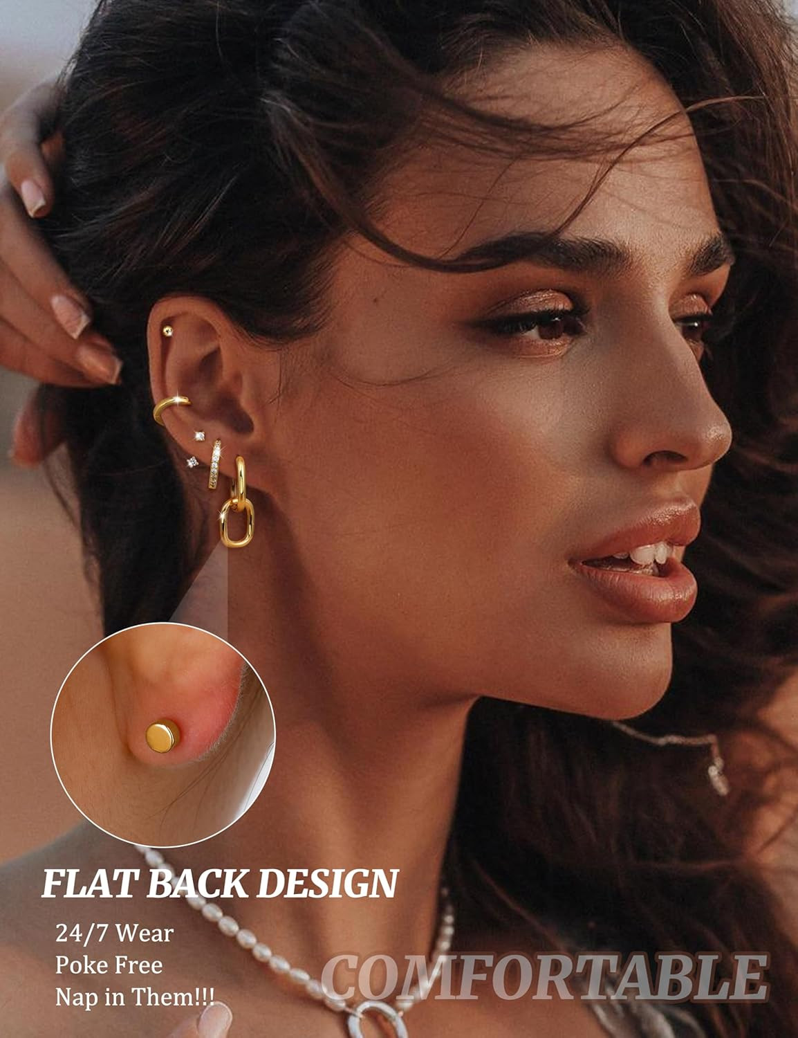Flat Back Hypoallergenic Surgical Steel Earrings – 20G Gold Plated Stud Set