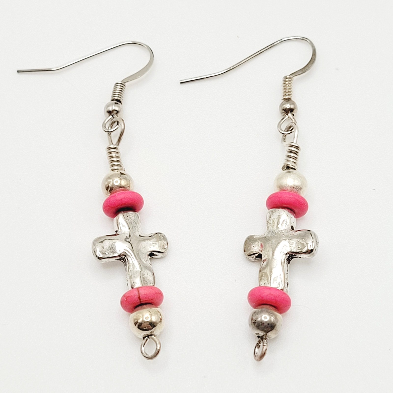 Southwestern Silver Tone Cross w Pink Ceramic Bead Metal Hook Pierced Earrings