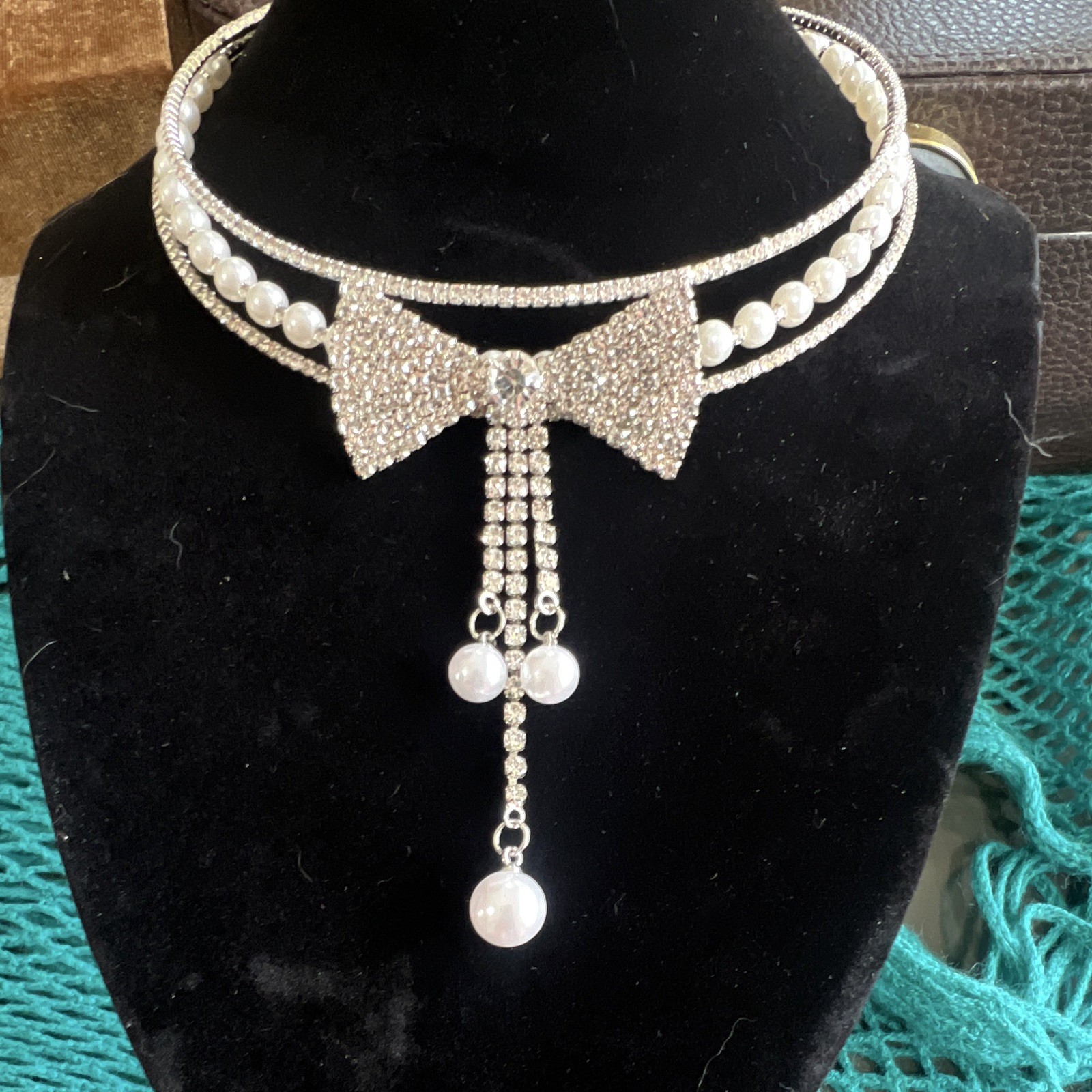 Rhinestone & Faux Pearl Bow Charm Choker Necklace, Silver Tone, Lobster Clasp