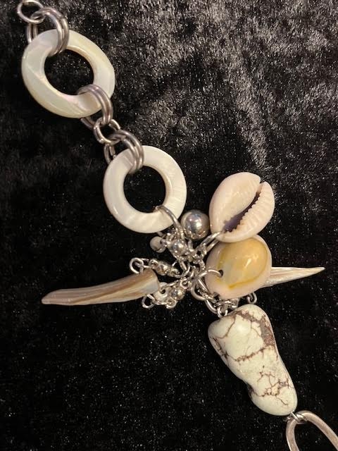 Vintage Signed CHICO’S Stone, Metal, Shell Beads w/Metal Chain 36″ Asymmetrical