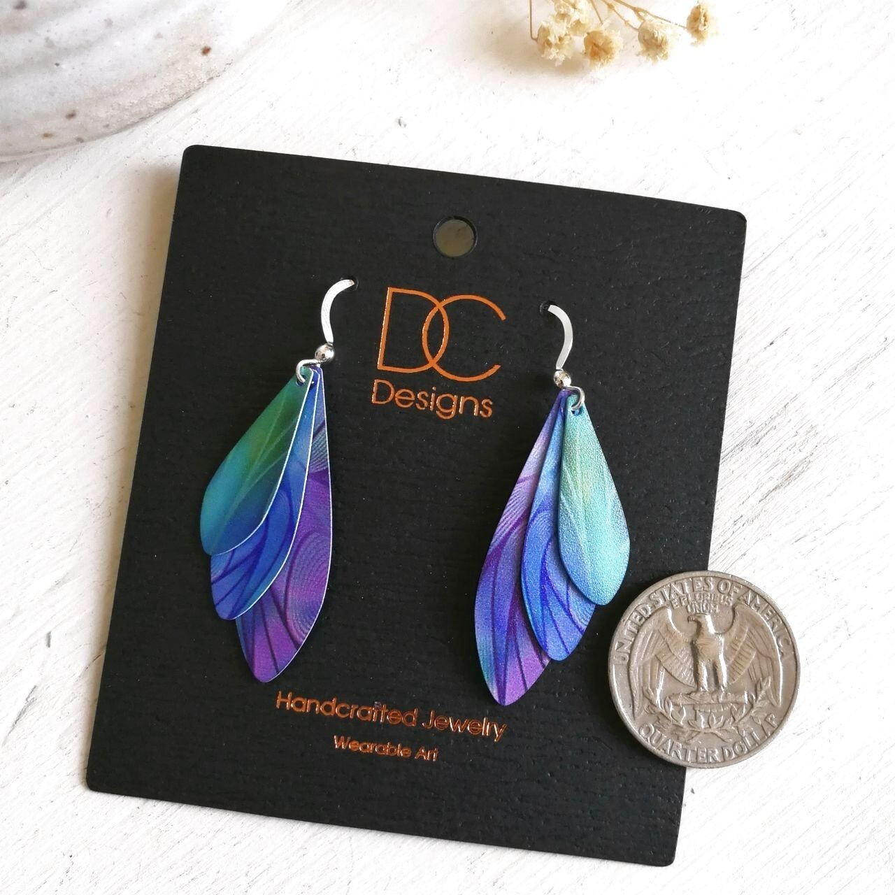 DC Designs Green Blue Purple Art Print Triple Layered Teardrop Earrings 23NL