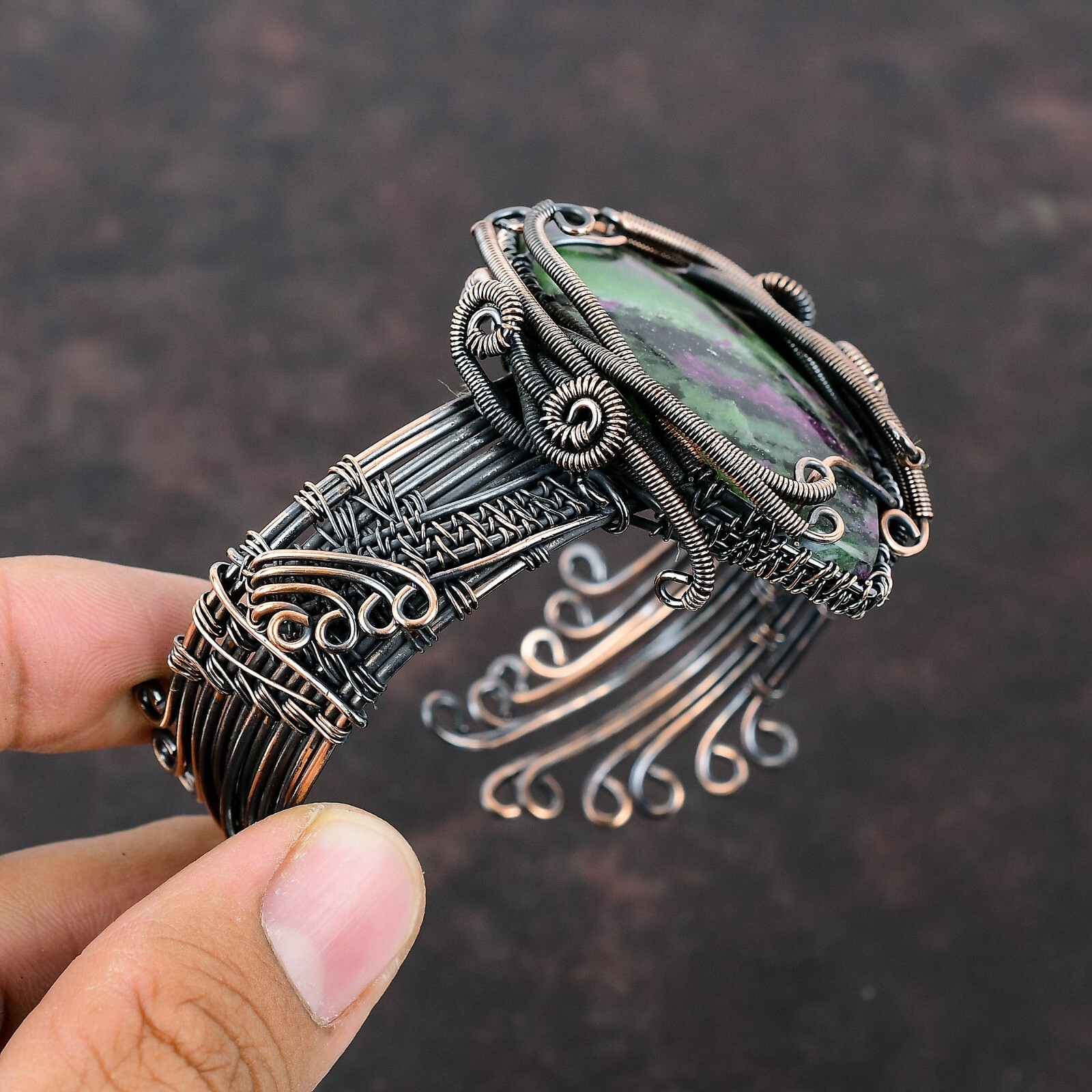 Ruby Zoisite Gemstone Jewelry Copper Valentine Gift Wire Wrapped Adjustable Cuff