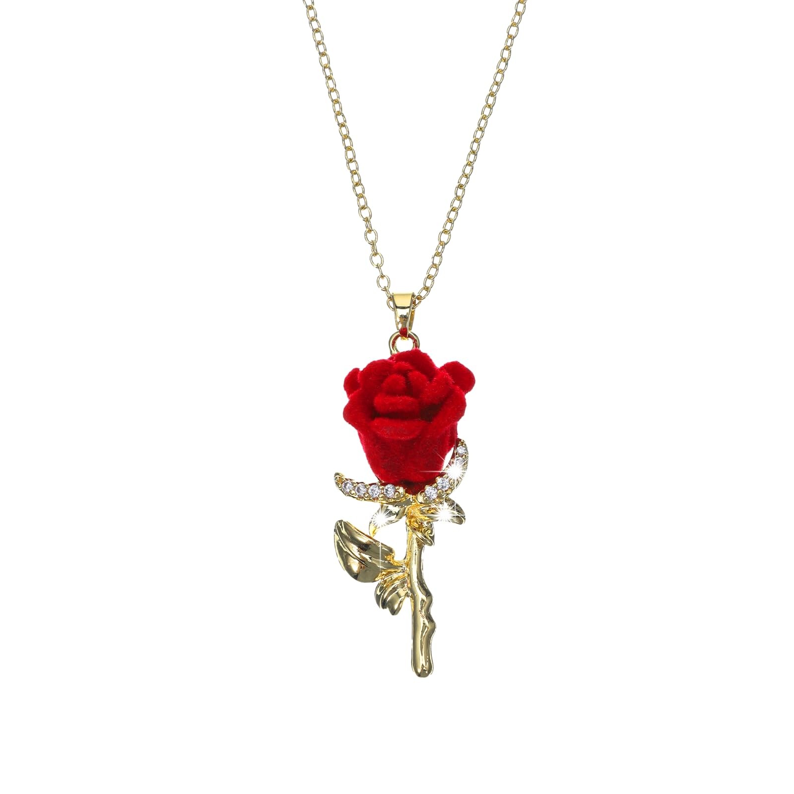 Valentines Day Gift Red Rose Necklace for Women Dainty Gold Flower Gift