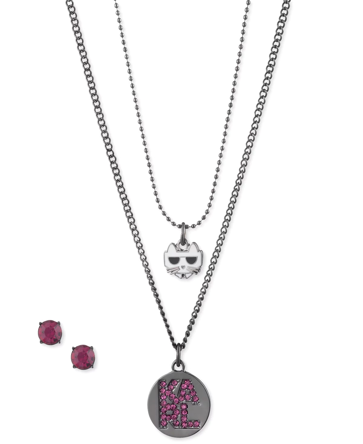 New in Box 2pc KARL LAGERFELD Pavé Logo Layered Pendant Necklace & Stud Earrings