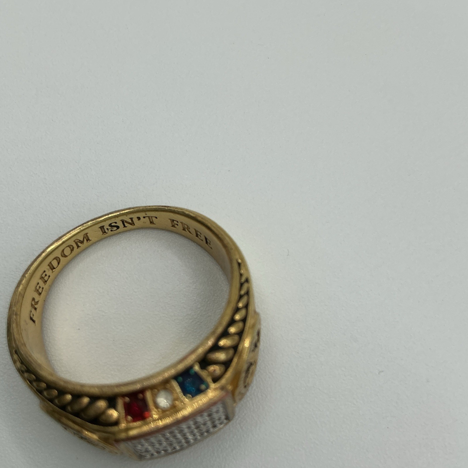 Goldtone Pavé CZ Engraved “Freedom Isn’t Free” U.S. Army Ring Size 10