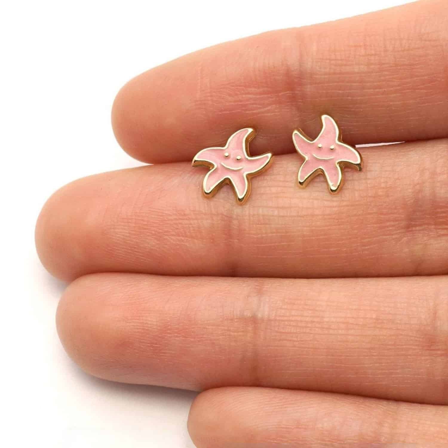 Kid’s 14K Yellow Gold Blue Pink Red Green Enamel Starfish Stud Earrings