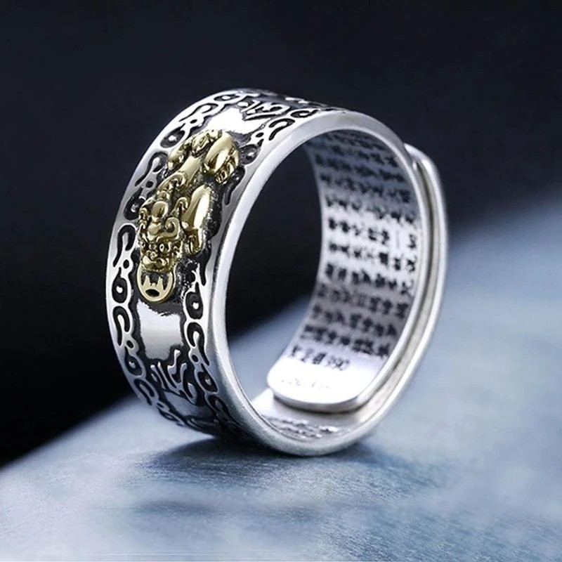 Silver Feng Shui Pixiu Adjustable Ring MANI Mantra Protection Wealth Ring USA