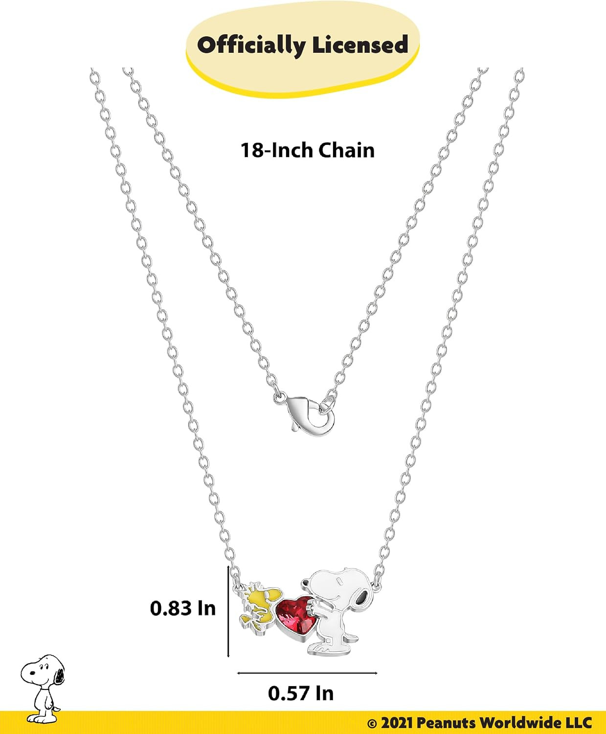 Peanuts Official Snoopy and Woodstock Necklaces, Silver Flash-Plated with Red Cr