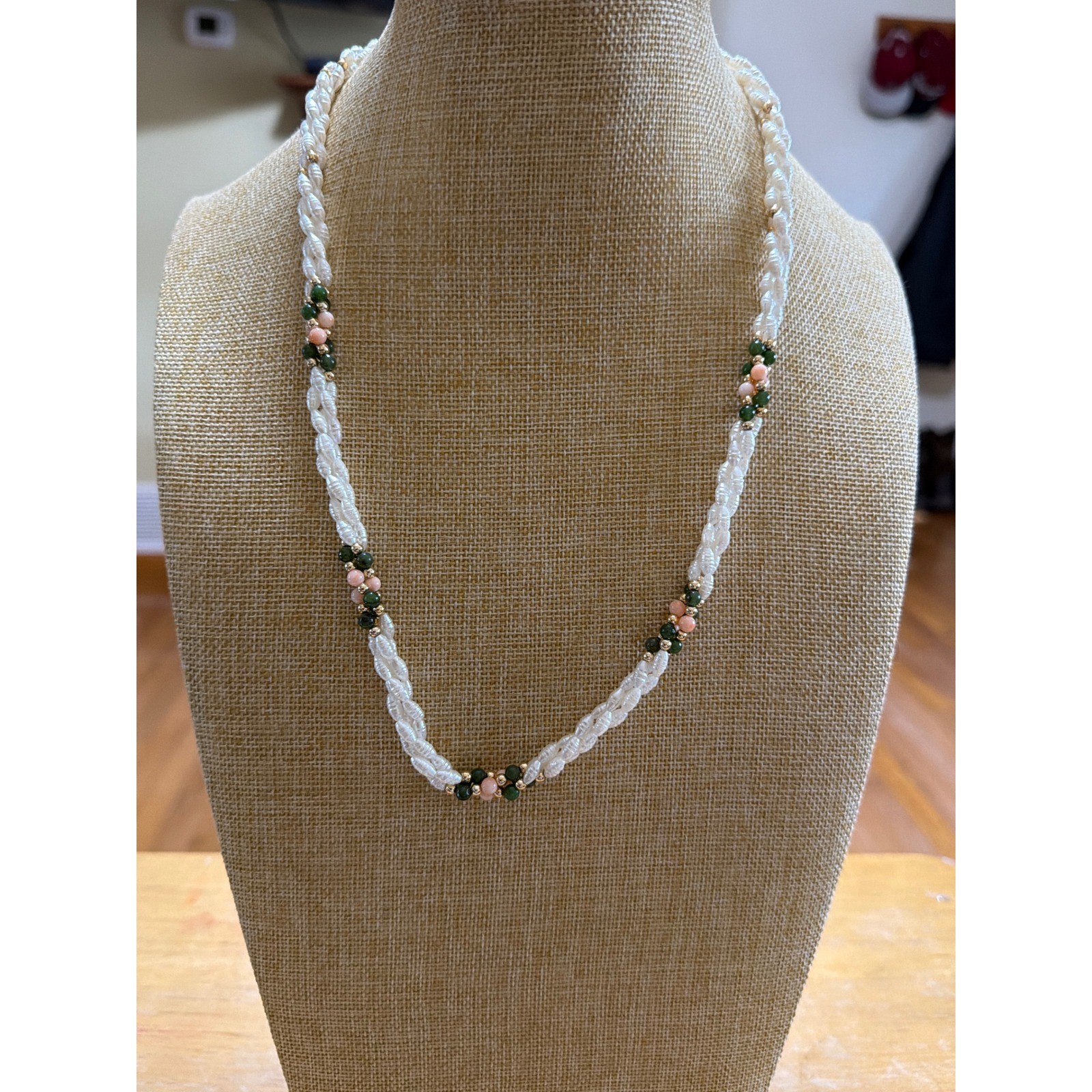 Twisted Rice Pearl Necklace Bracelet Set Green Jade Pink Coral Beads Fariy Boho