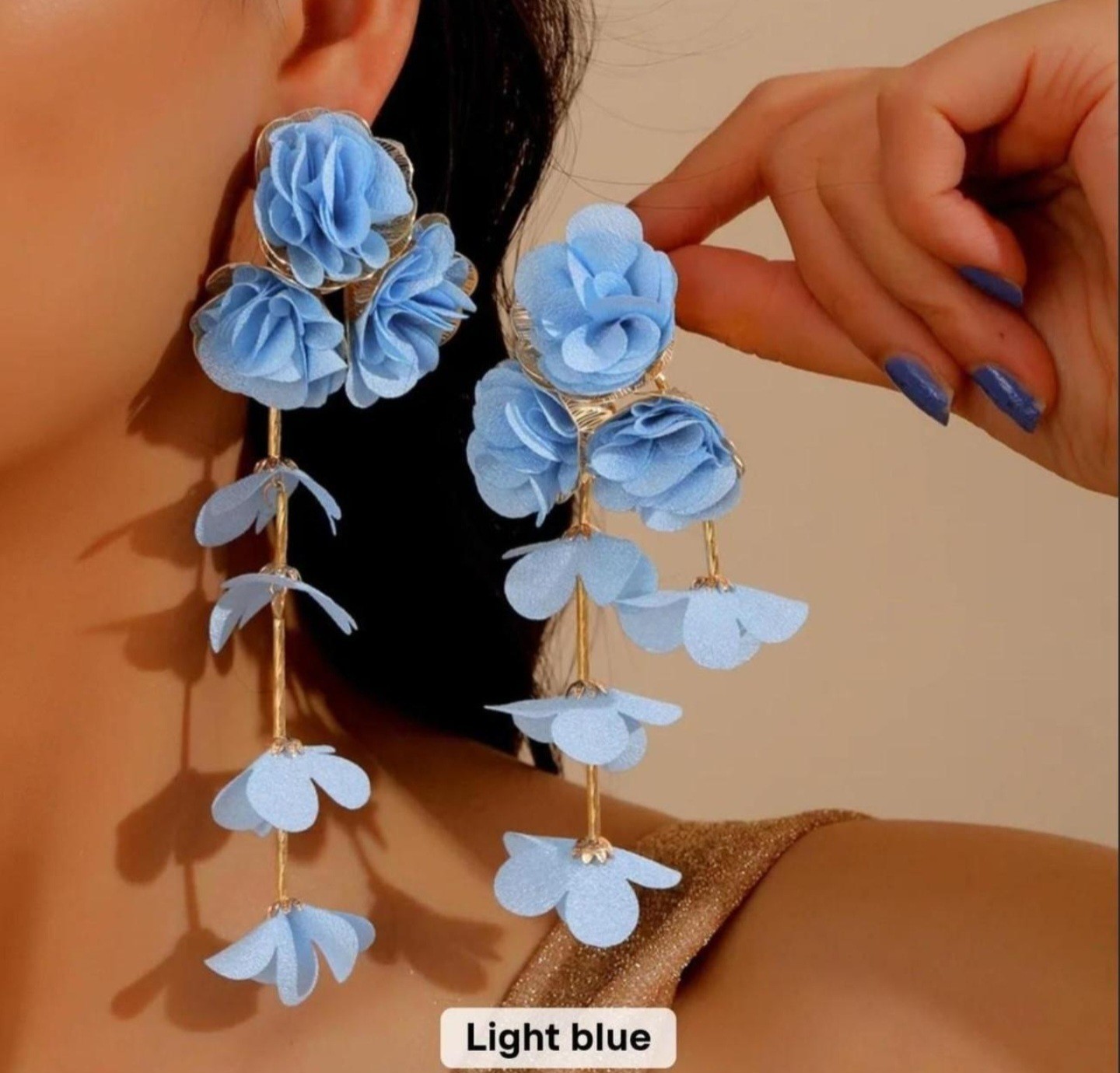 Light Blue Floral Flower Fabric Metal Dangle Drop Earrings Push Back Lobe