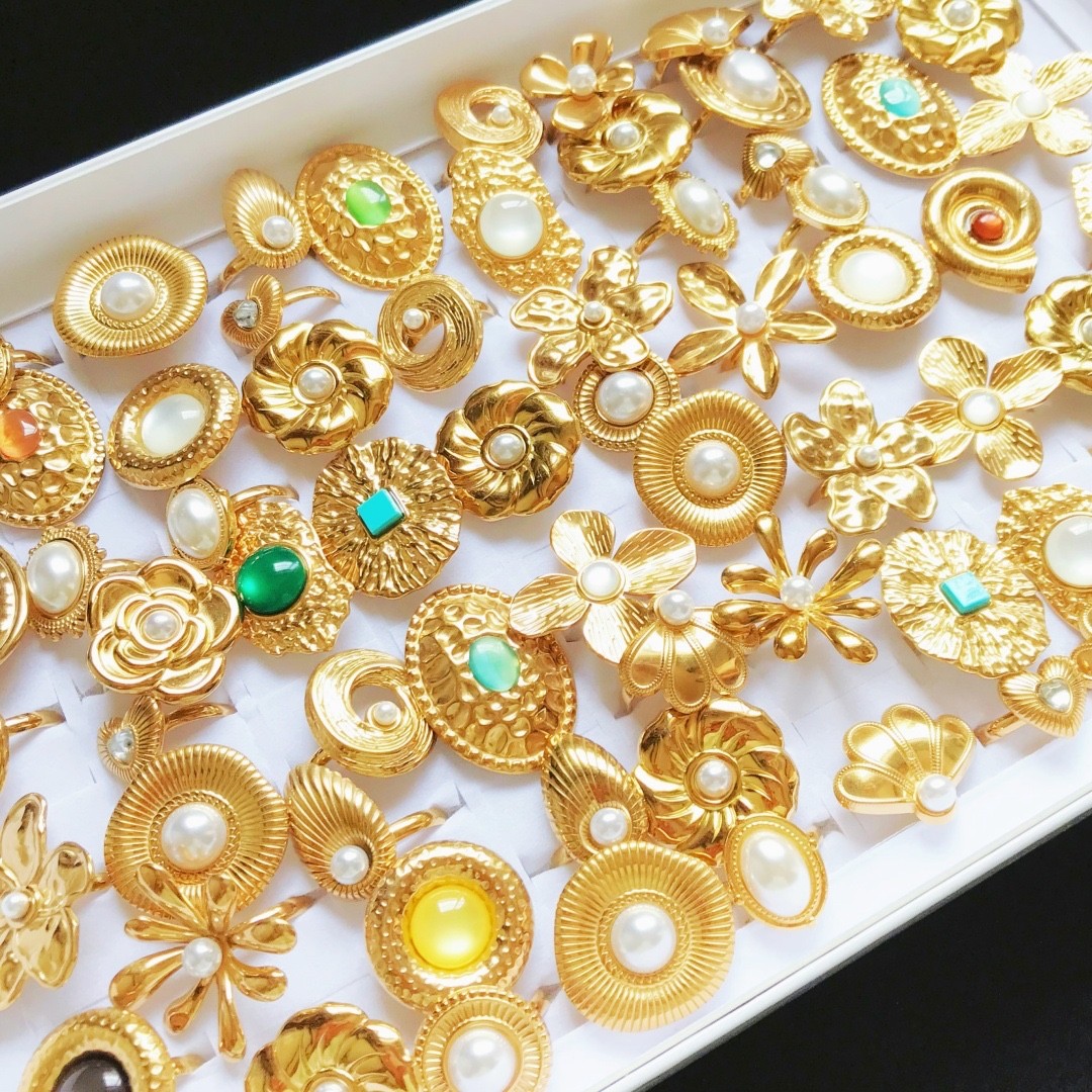 Bulk Lot 20pc Mix Gold 3D Flower Pearl Stone Stainless Steel Rings Women Jewelry