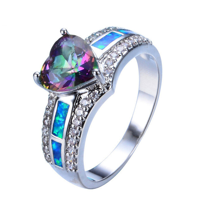 Hawaiian Blue Opal Heart Shaped Rings Sliver Fire Opal Rings For Women Girls