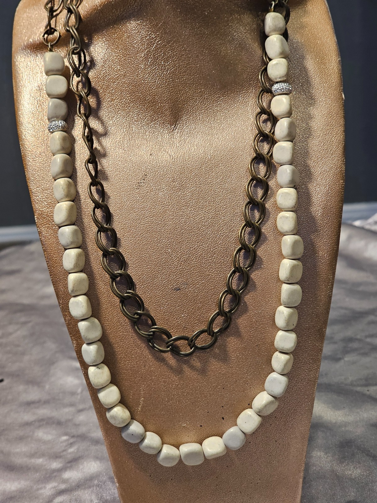Premier Designs White Stone Bronze Chain Necklace Mixed Media Boho Statement