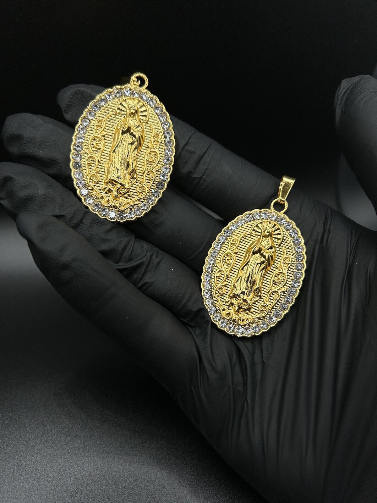 Iced Out Virgin Mary Pendant Gold Plated CZ Halo Religious Oval Charm Medallion