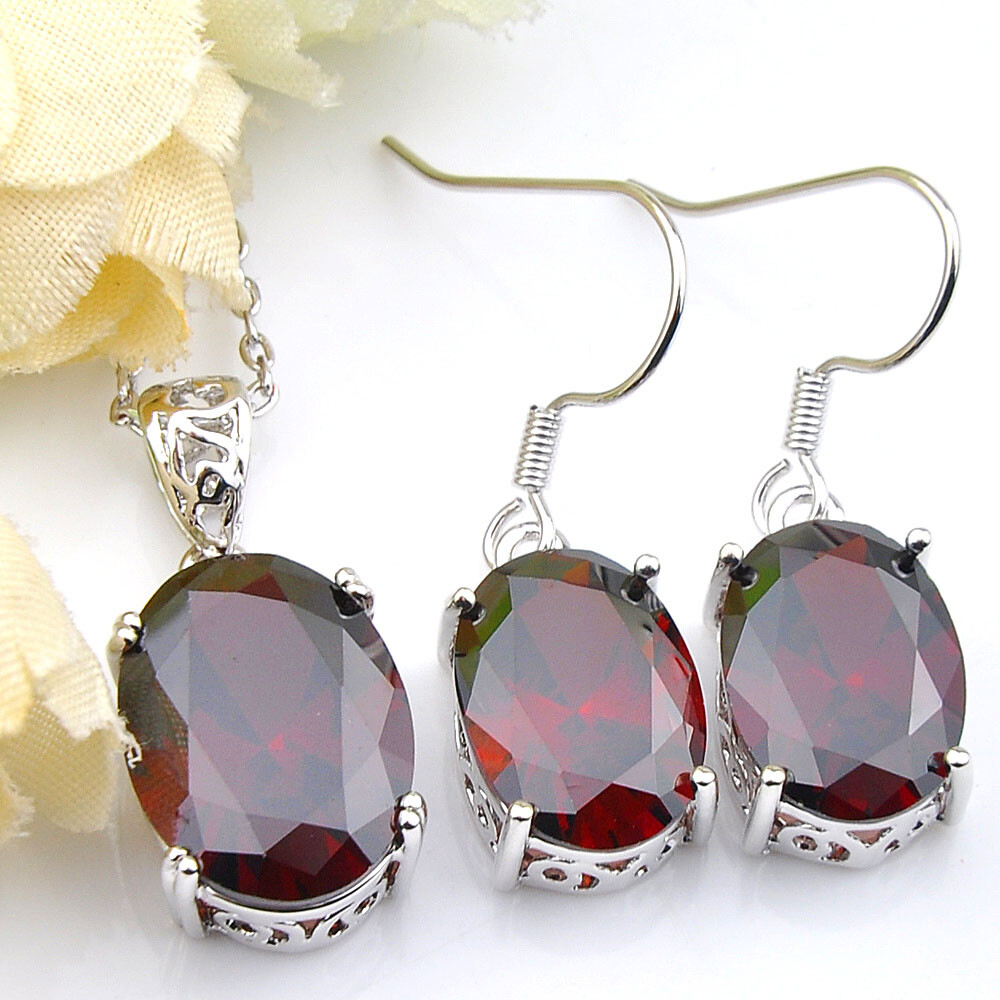 Natural Oval Red Garnet Silver Necklaces Pendants Drop Earrings Jewelry Sets