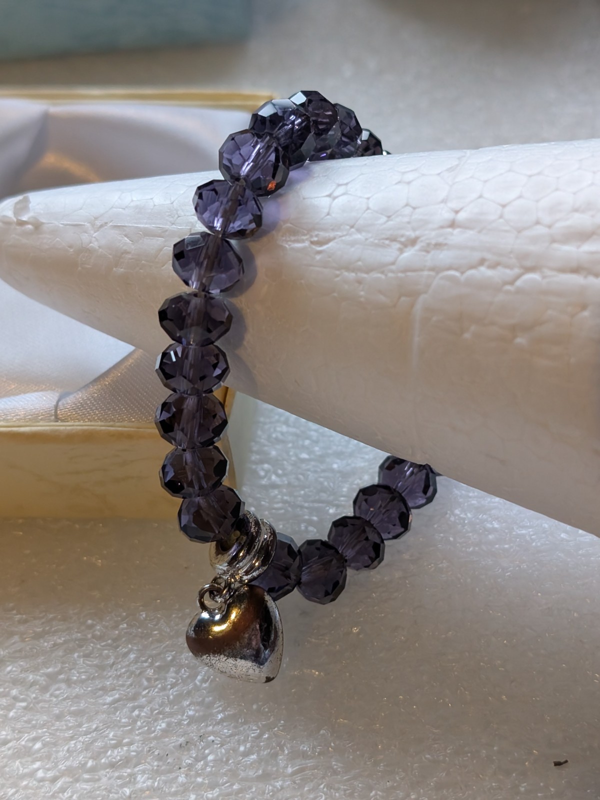 Purple Crystal Elasticated Faux Amethyst Bracelet 30g Love Heart Charm New/ Box