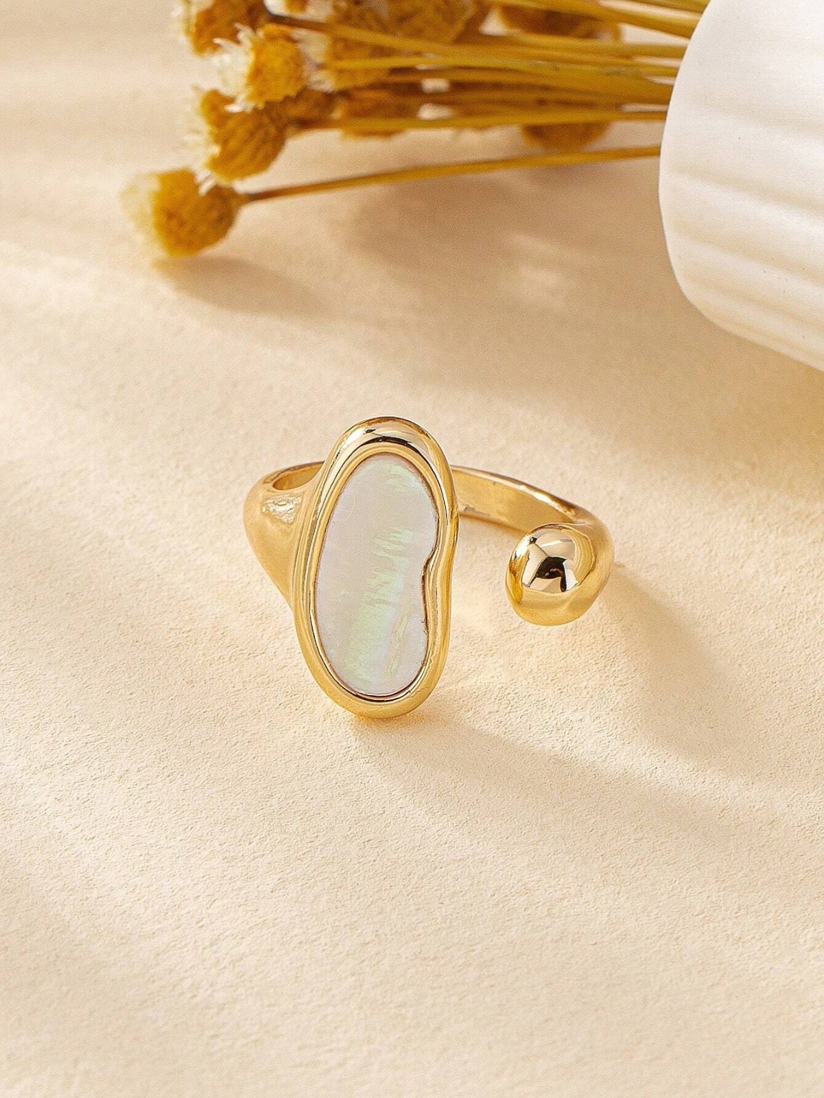 Womens Gold Tone Gemstone Inlaid Adjustable Open Ring Boho Daily Jewelry