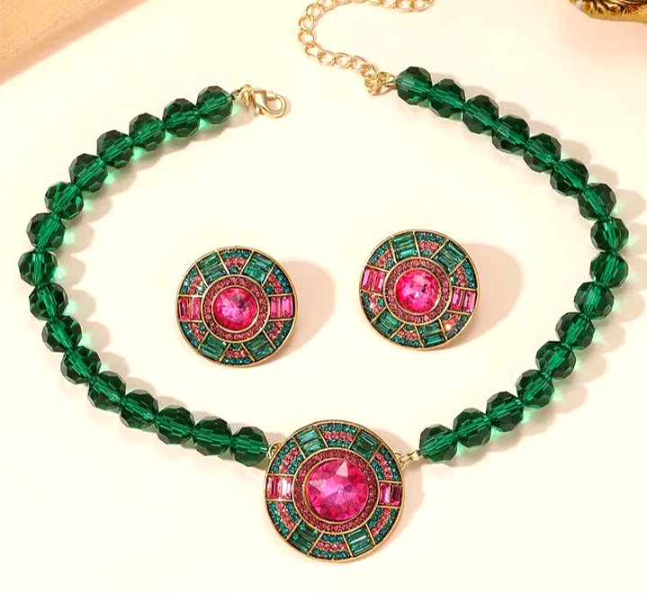Vibrant Green Pink JEWEL Rhinestone Bead Betsey Johnson Necklace Earrings SET