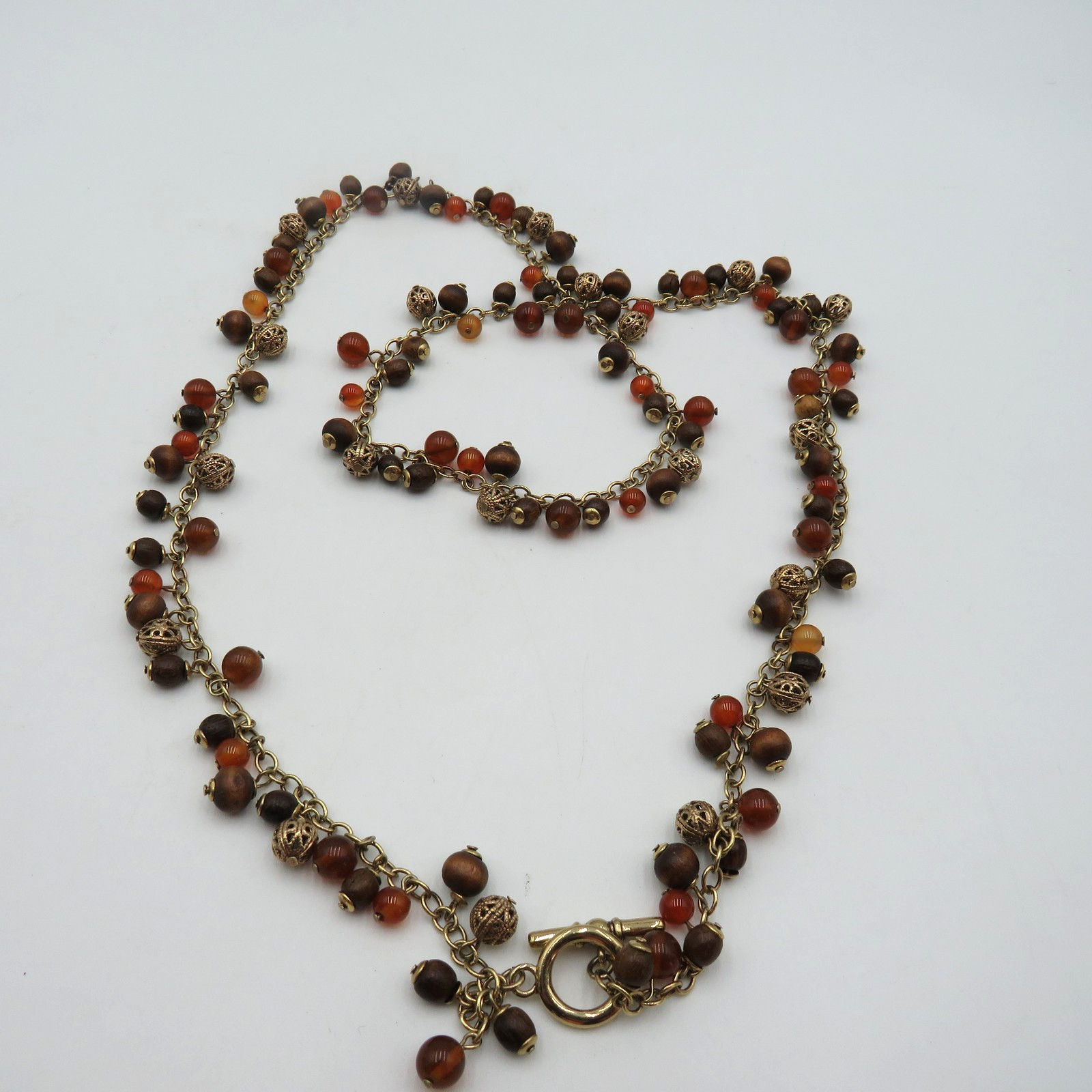 Vintage Beaded Necklace Bracelet Set Filigree Toggle Clasp 32″ Boho Jewelry